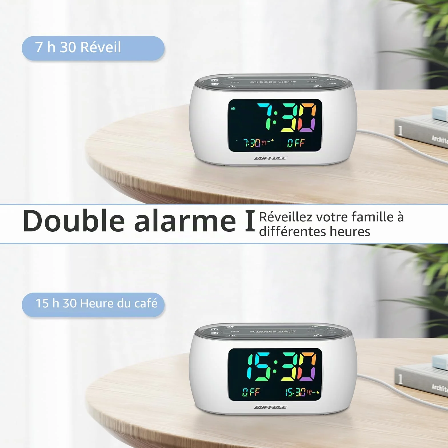 BUFFBEE Radio-réveil FM avec double alarme, veilleuse 7 couleurs, chargeur USB et variateur
