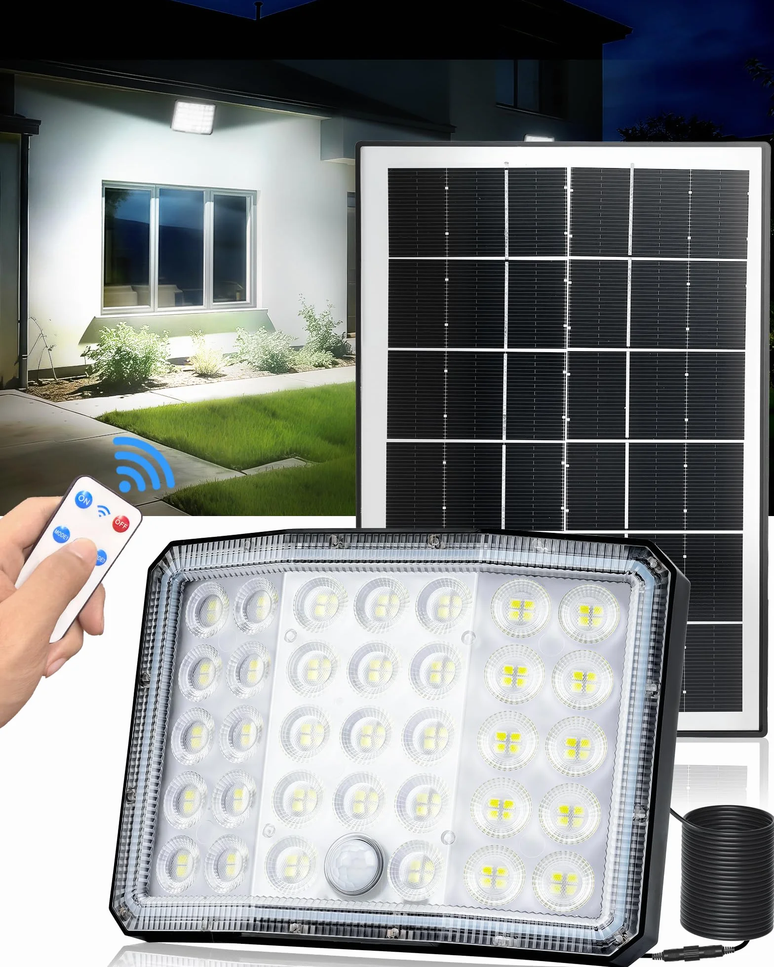 Lampe Solaire Exterieur avec Capteur Mouvement 210° Projecteur LED IP66 4 Modes Télécommande