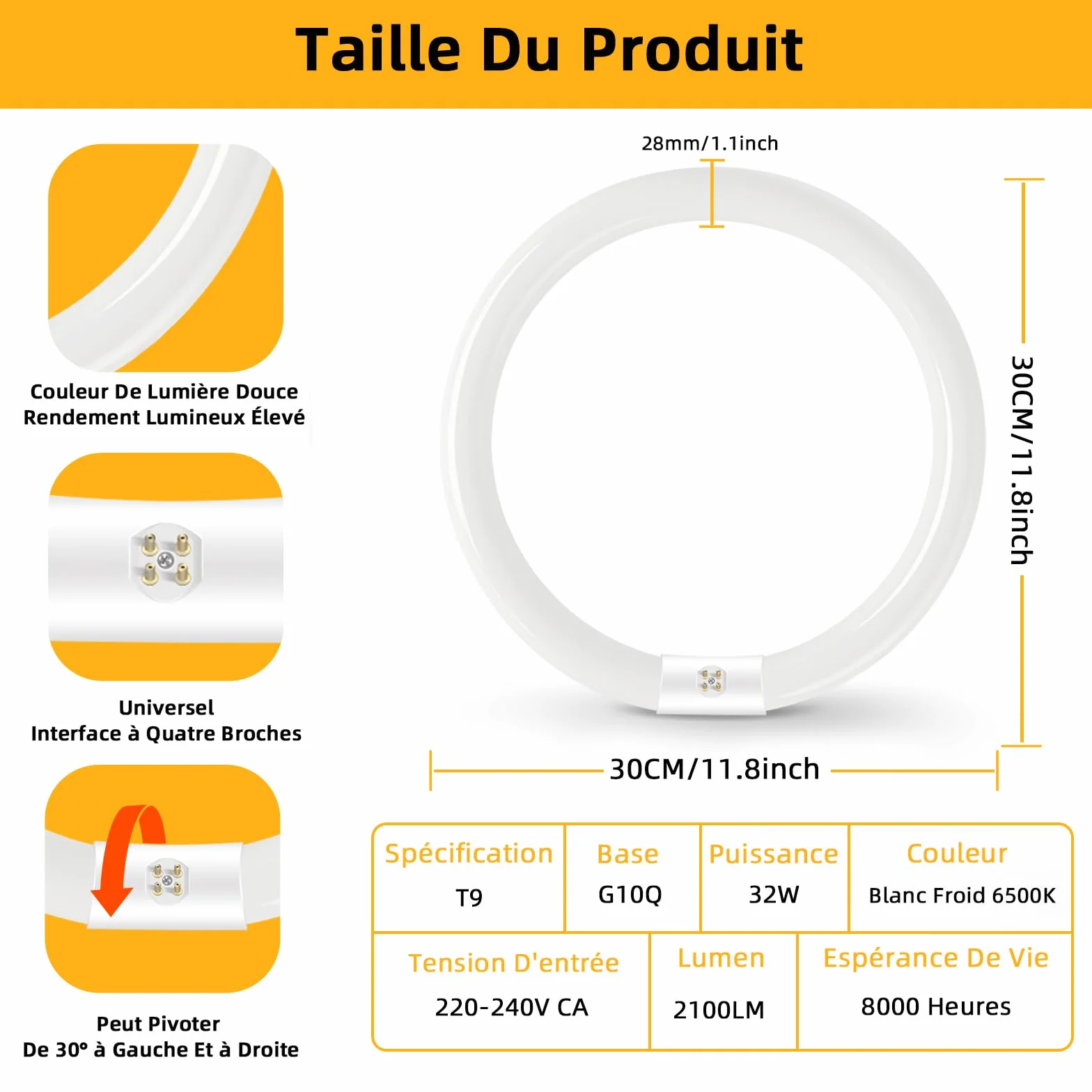 Tube Fluorescent Rond T9 G10Q 32W 6500K Blanc Froid Éclairage Annulaire