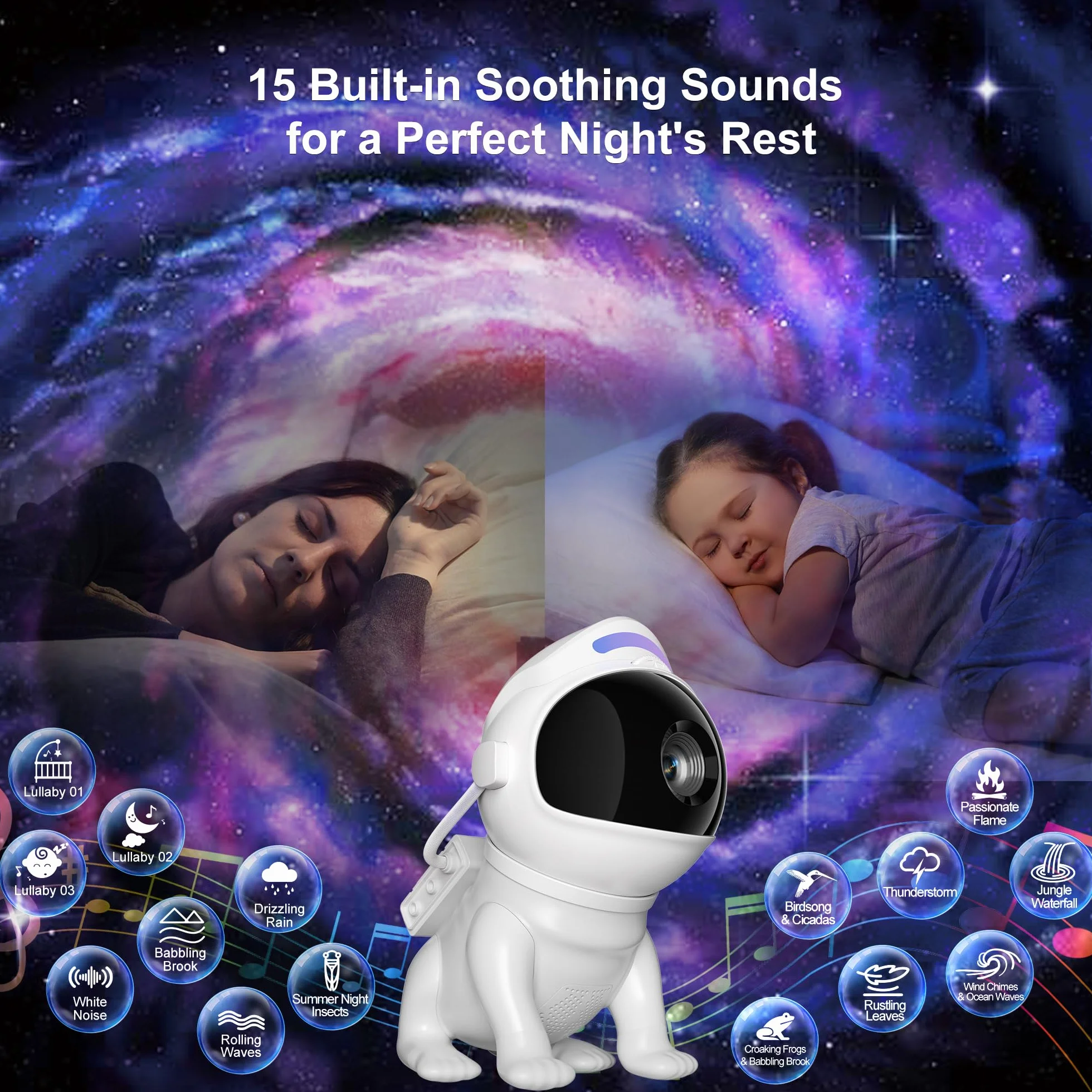 Projecteur Ciel Étoilé Bluetooth avec 12 Disques, 15 Bruits Blancs, Minuterie, Télécommande