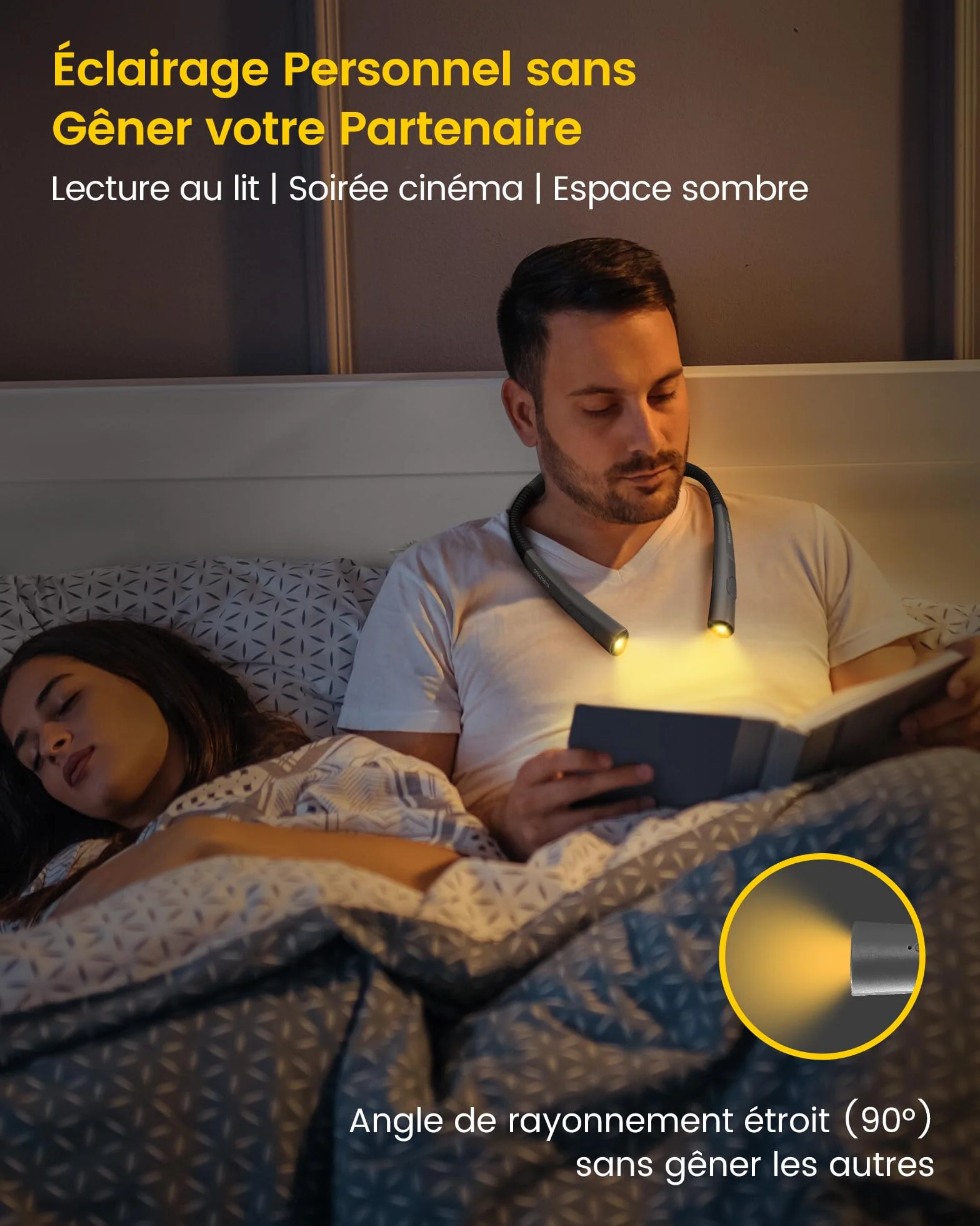 Glocusent Lampe de Lecture de Cou Rechargeable, 3 Couleurs, 3 Niveaux de Luminosité, 80 Heures, Minuterie 30 Minutes