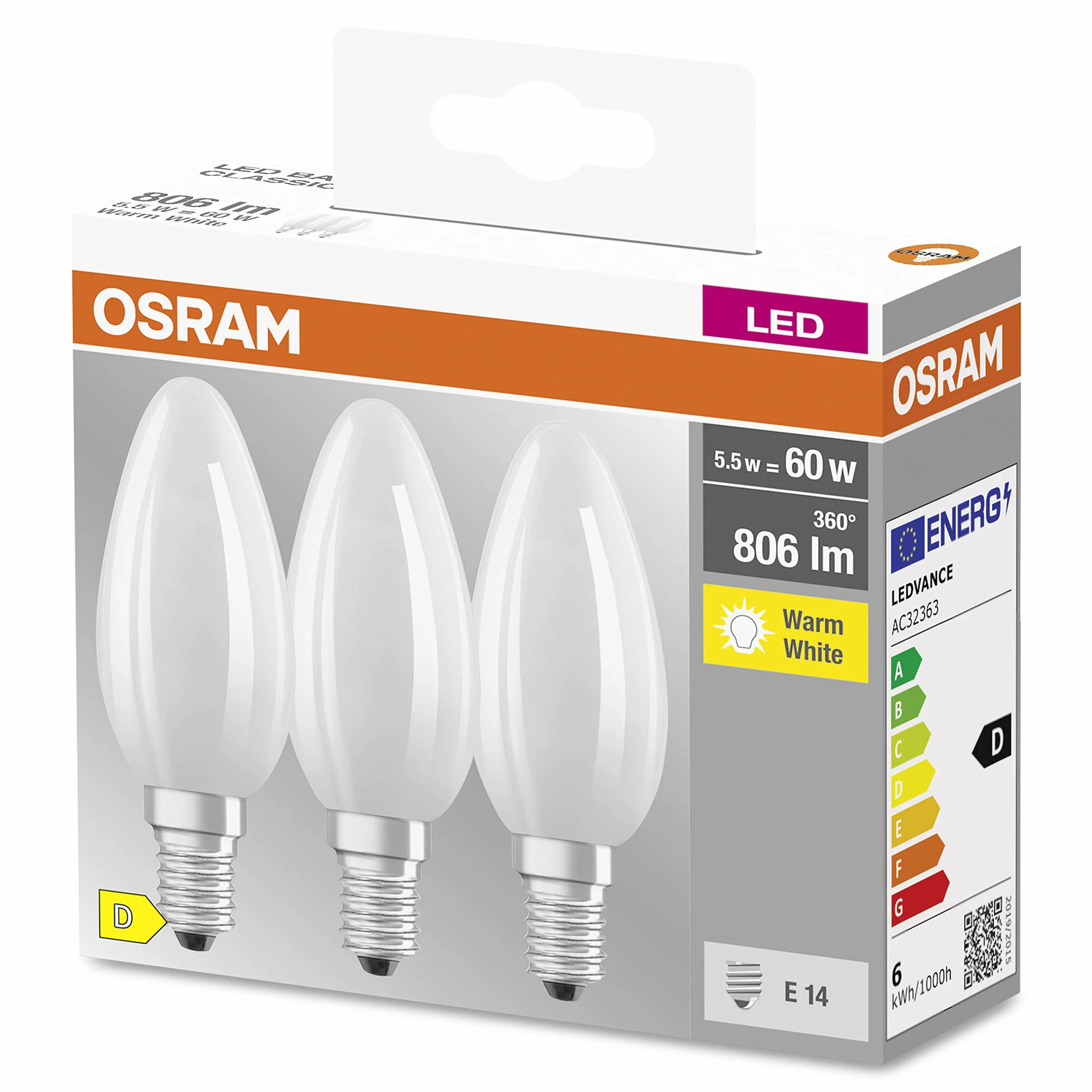 Osram Lampe à filaments Star E14 verre dépoli Blanc chaud 2700K 806 Lumen 3-Pack