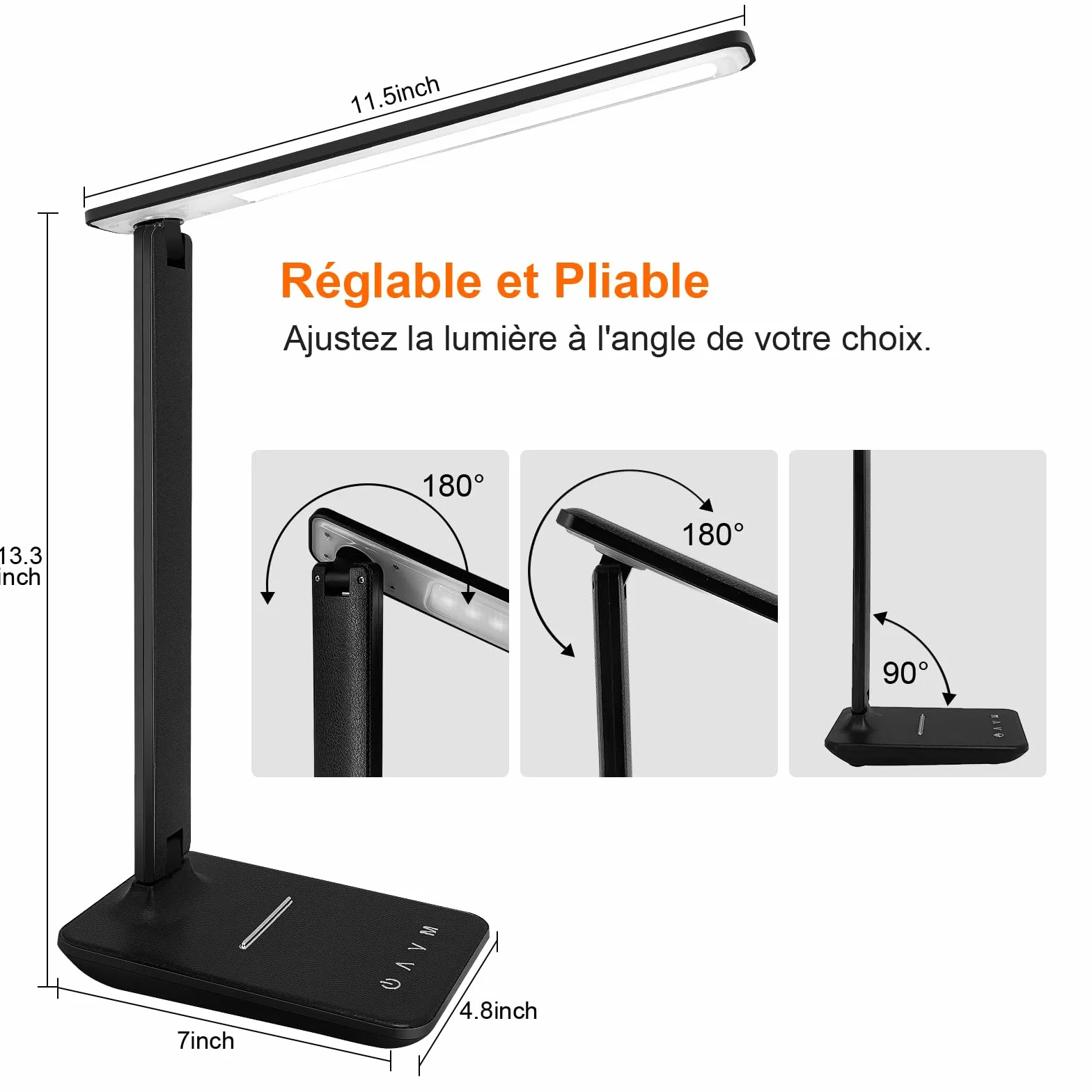 Lampe de Bureau LED Pliable Dimmable 5 Modes de Couleur 5 Niveaux de Luminosité avec Port USB Noir