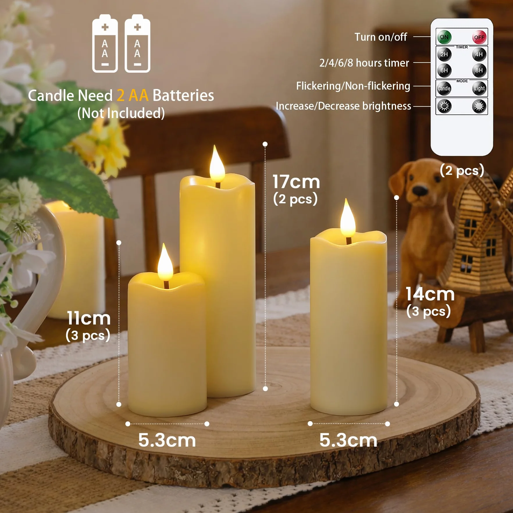 Yeelida Bougies LED Ivoire Vacillantes Lot de 8 Bougies Piliers Sans Flamme Plastique 2 Télécommandes Minuterie 5.3cm x 11-17cm