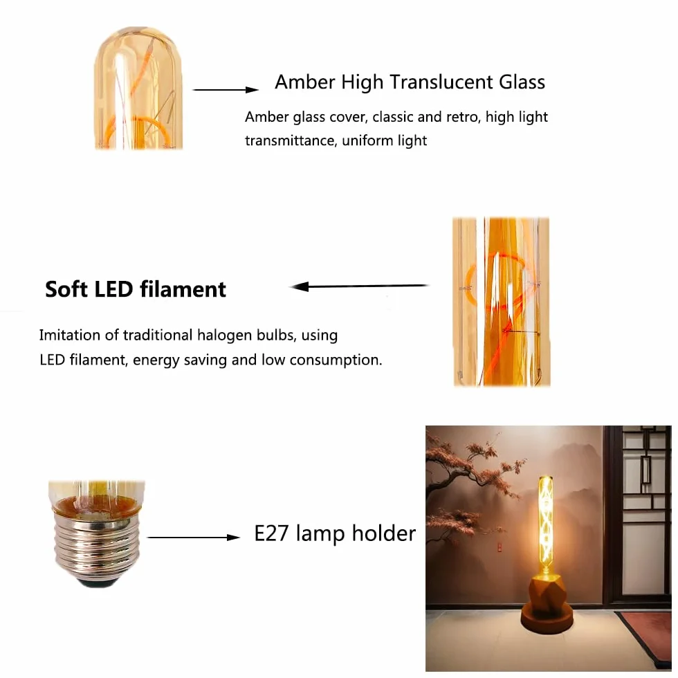 Ampoules Vintage Tubes Edison E27 6W LED T30 H225mm Blanc Chaud 2700K Verre Ambré Non Dimmable AC 220-240V