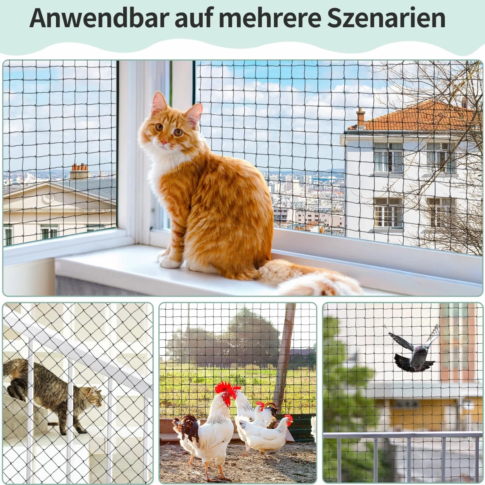 Filet Chat Balcon Renforcé 3x4m, Filet de Protection sans Percage, Grillage Fenetre Anti Chats avec Crochet Fixation