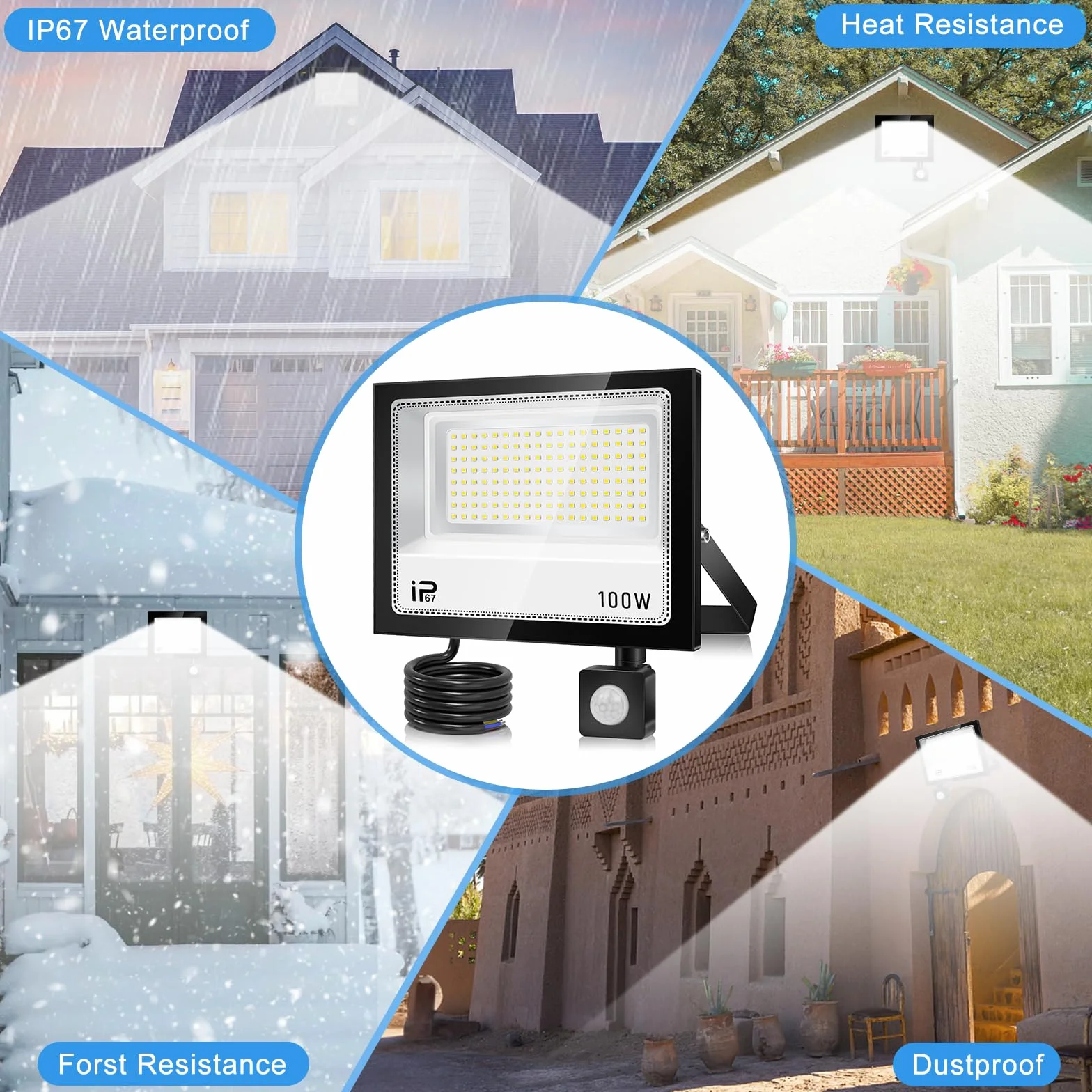 Projecteur LED Extérieur 100W 10000LM Détecteur de Mouvement 7000K IP67