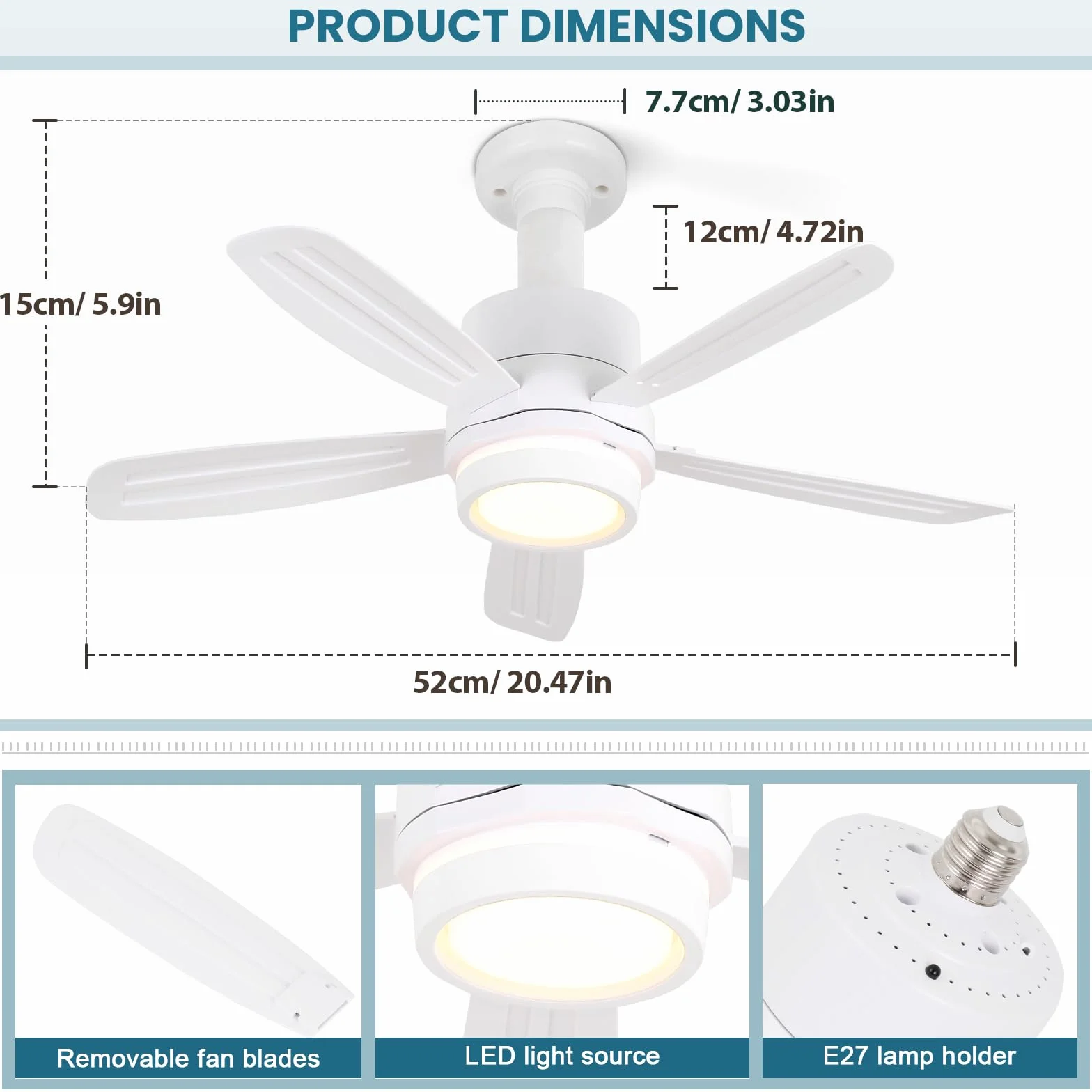Ventilateur de plafond avec lumière 52cm Lampe E27 Silencieux LED Télécommande 3 Vitesses Dimmable pour Chambre