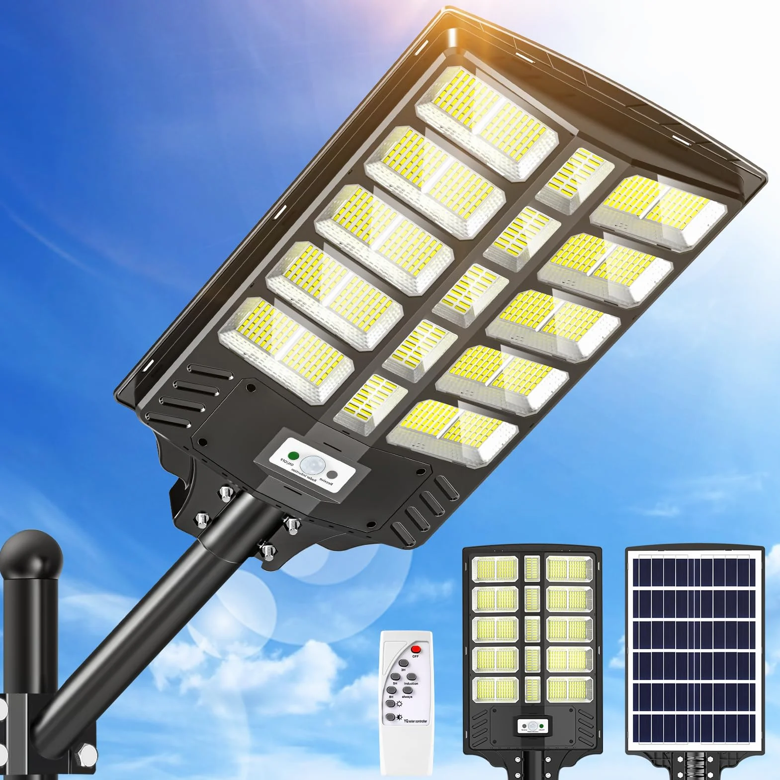 LED Réverbères Solaire Exterieur 1200W 6500K IP67 avec Télécommande Détecteur de Mouvement Étanche