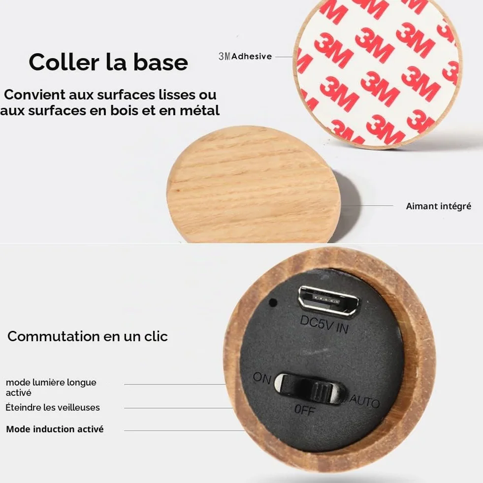 Applique Murale en Bois avec Détecteur de Mouvement, Veilleuse Rechargeable Sans Fil Magnétique pour Chambre, Couloir