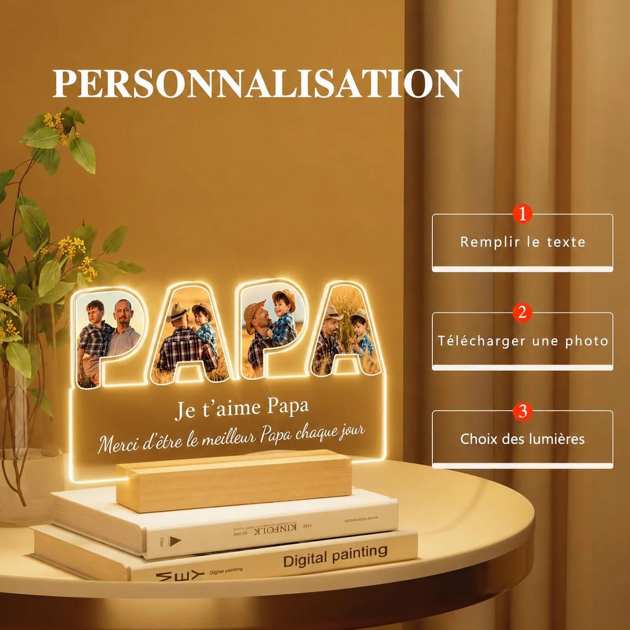 Bemaystar Lampe Personnalisé Cadeau Fête des Pères Cadre Photo pour Papa