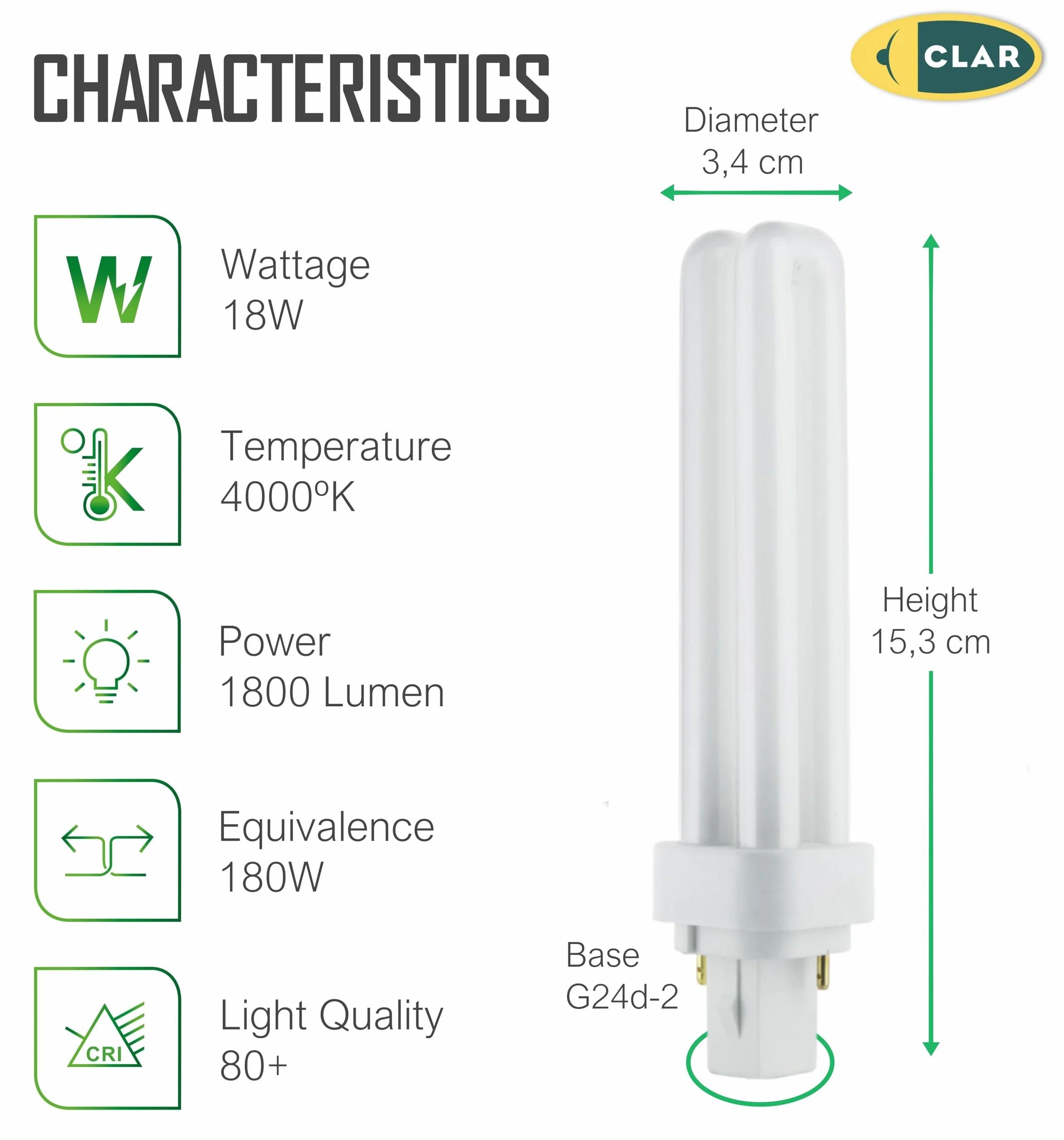 CLAR Ampoule Fluorescente Gemini D 18W 4000K G24d-2 2 Broches Lumière Blanche Neutre CFL Tube Compact Éclairage Intérieur