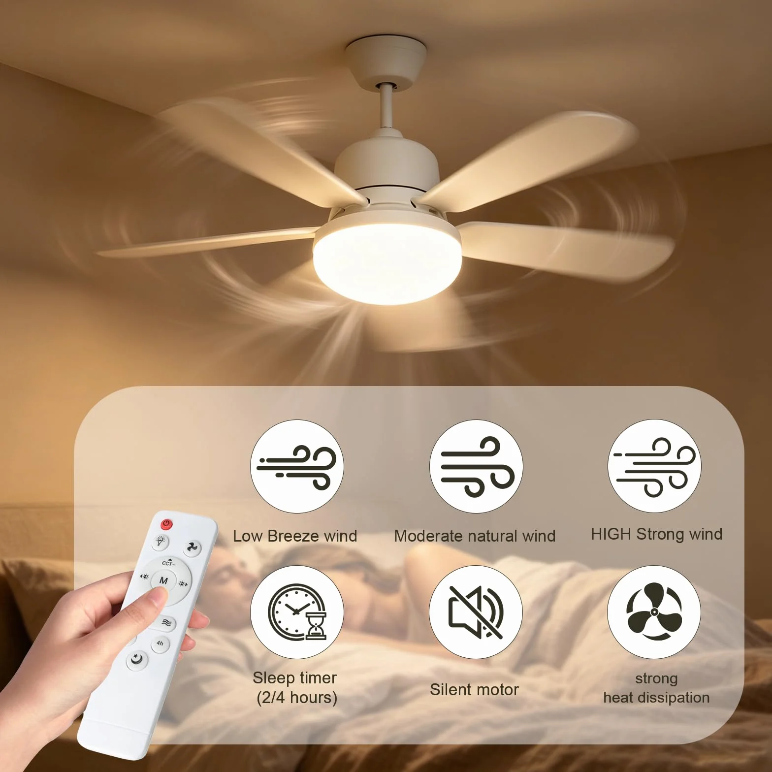 Ventilateur De Plafond Avec Lumiere Et Telecommande, Lampe De Plafond Avec Ventilateur Silencieux 52cm 3 Vitesses 3 Modes Eclairage