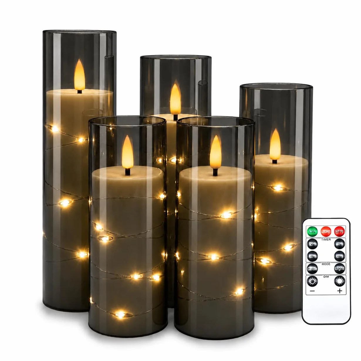 Bougies LED Grises Transparentes Guirlande Lumineuse Flamme Scintillante Réaliste Télécommande Incluse Effet Verre Plastique Réutilisable Écologique