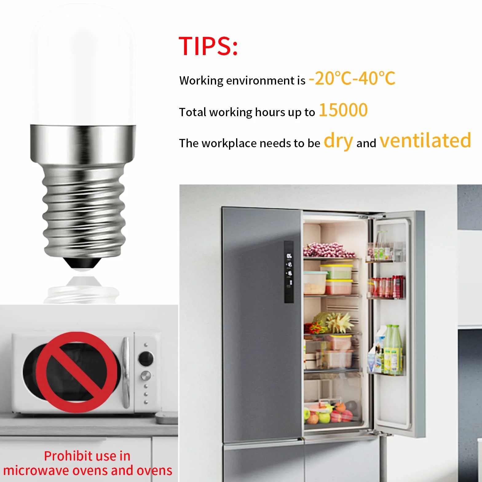 Ampoule LED E14 1W 120lm Blanc Chaud 2700K pour Réfrigérateur, 2 Pièces