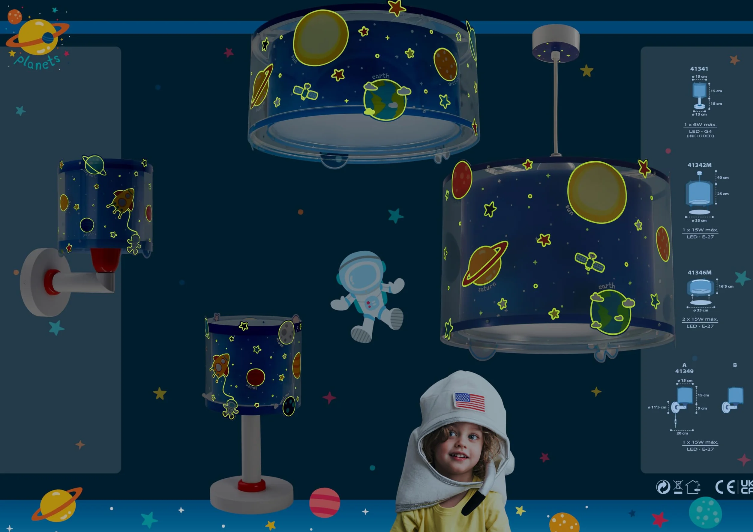 Dalber Lampe de chevet enfant Planets Planètes G4 LED 4 W Bleu