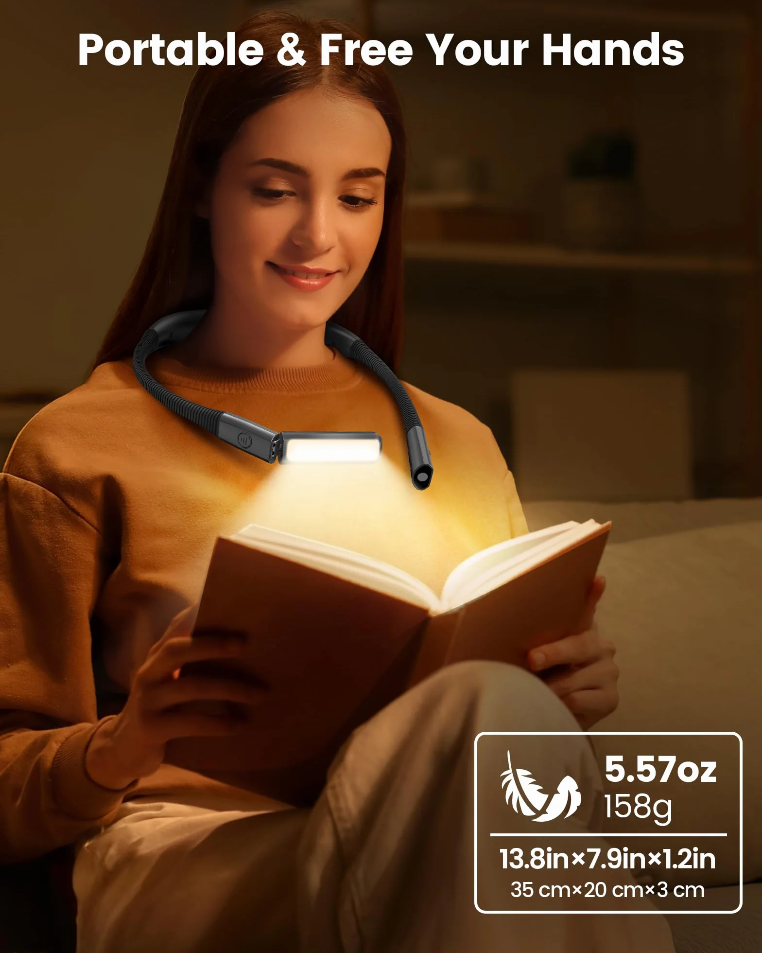 Glocusent Lampe de Lecture de Cou Rechargeable, 100 Heures Autonomie, 5 Couleurs et Intensité Réglable