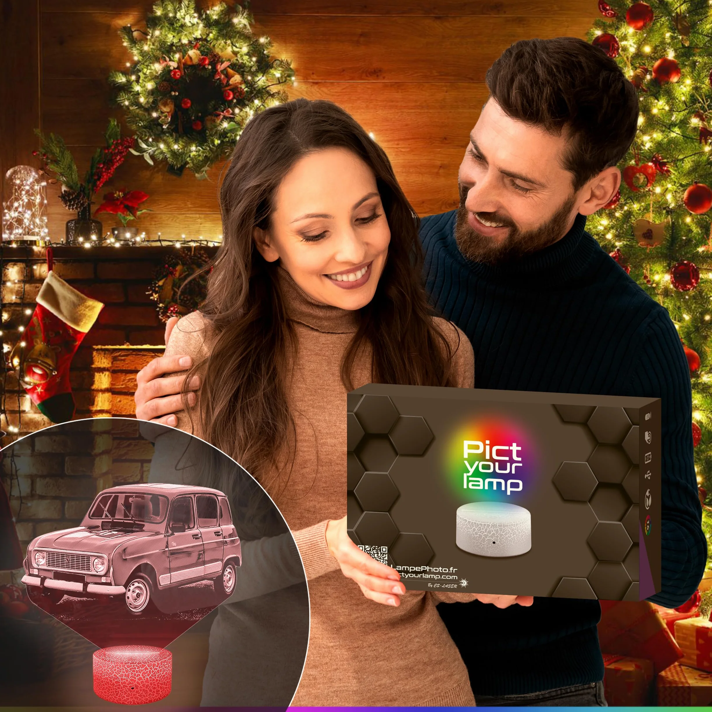 Lampe 3D Voiture 4L, Veilleuse Tactile LED Effet Hologramme, Idée Cadeau Fan de Voiture