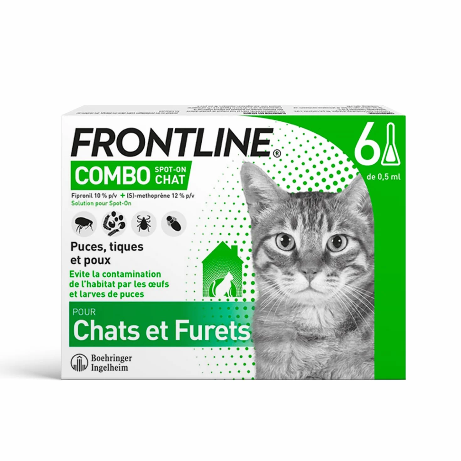 FRONTLINE Combo Chat 6 Pipettes Anti Puces Tiques Poux Larves Oeufs Jusqu'à 4 Semaines Fabriqué En France