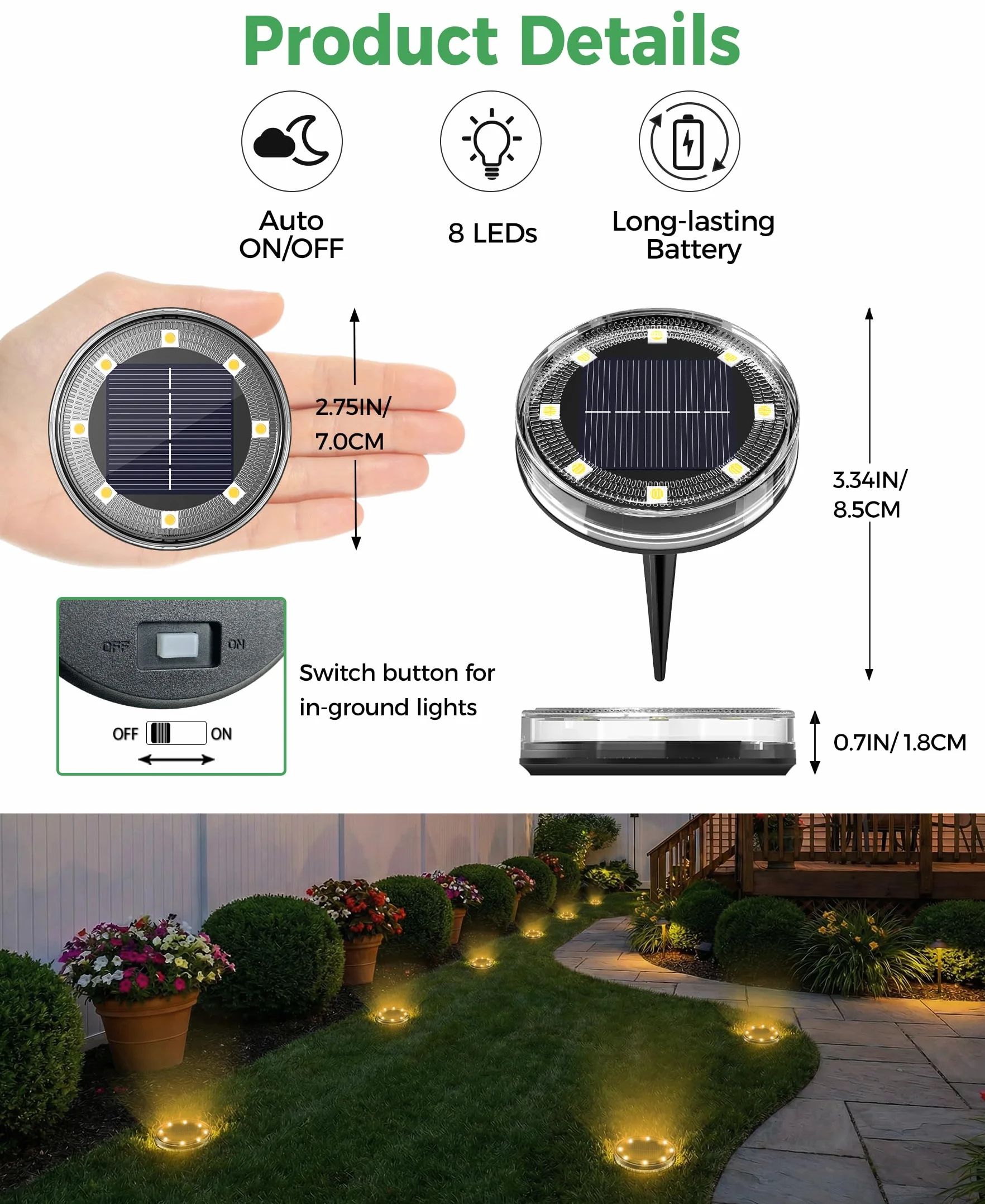LOTMOS Lot de 12 Lampe Solaire Au Sol, 8 LED IP68 Étanche, Spot Solaire Extérieur Jardin, Blanc Chaud