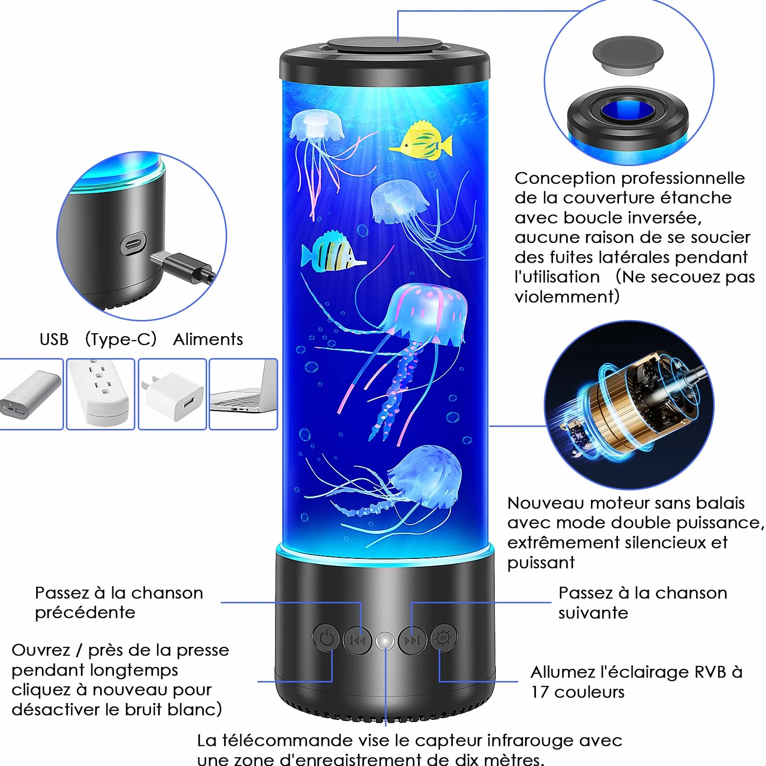 Radikor Lampe Méduse Bluetooth avec 12 Bruits Blancs, 10 Couleurs et Télécommande, Lampe Jellyfish Lumineuse pour Enfants Adultes