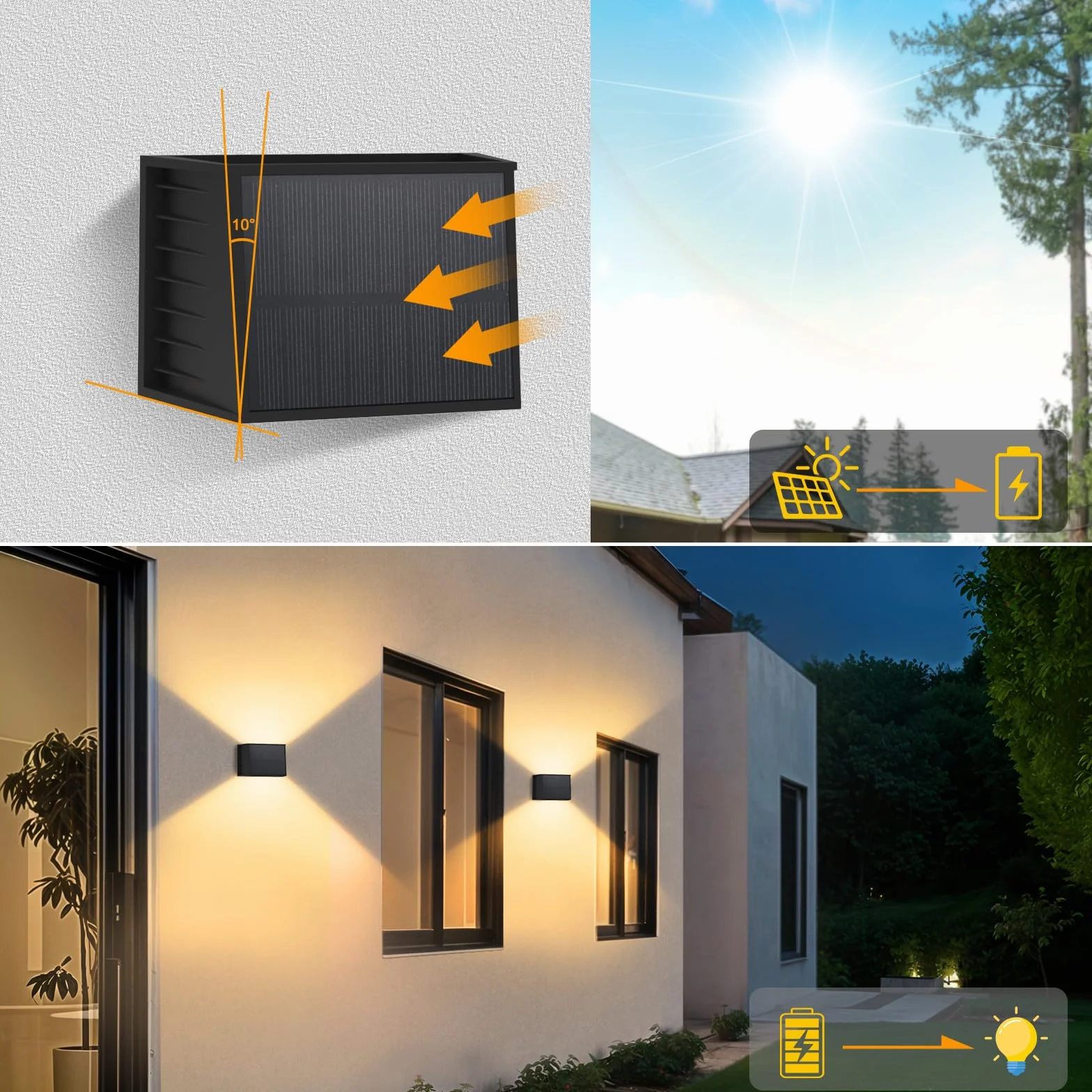 T-SUN Lot de 4 Applique Murale Exterieur Solaire, 3000K Lumière Chaude, Faisceau Réglable, Étanche pour Jardin