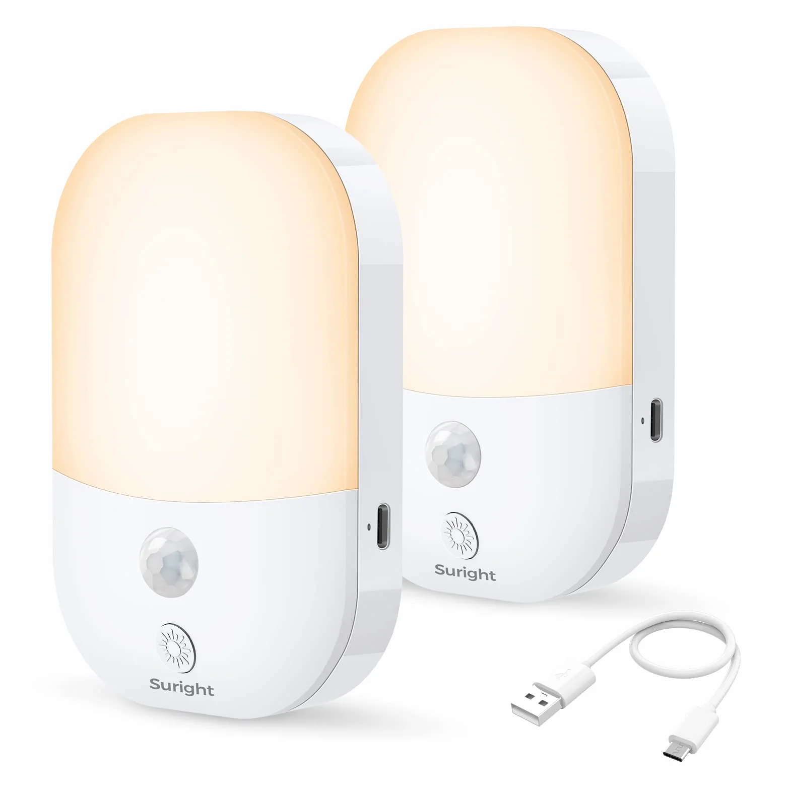 Suright Veilleuse Type-C Rechargeable 2 Pack Détecteur de Mouvement 5 Niveaux Luminosité 3 Modes 2800K Blanc Chaud