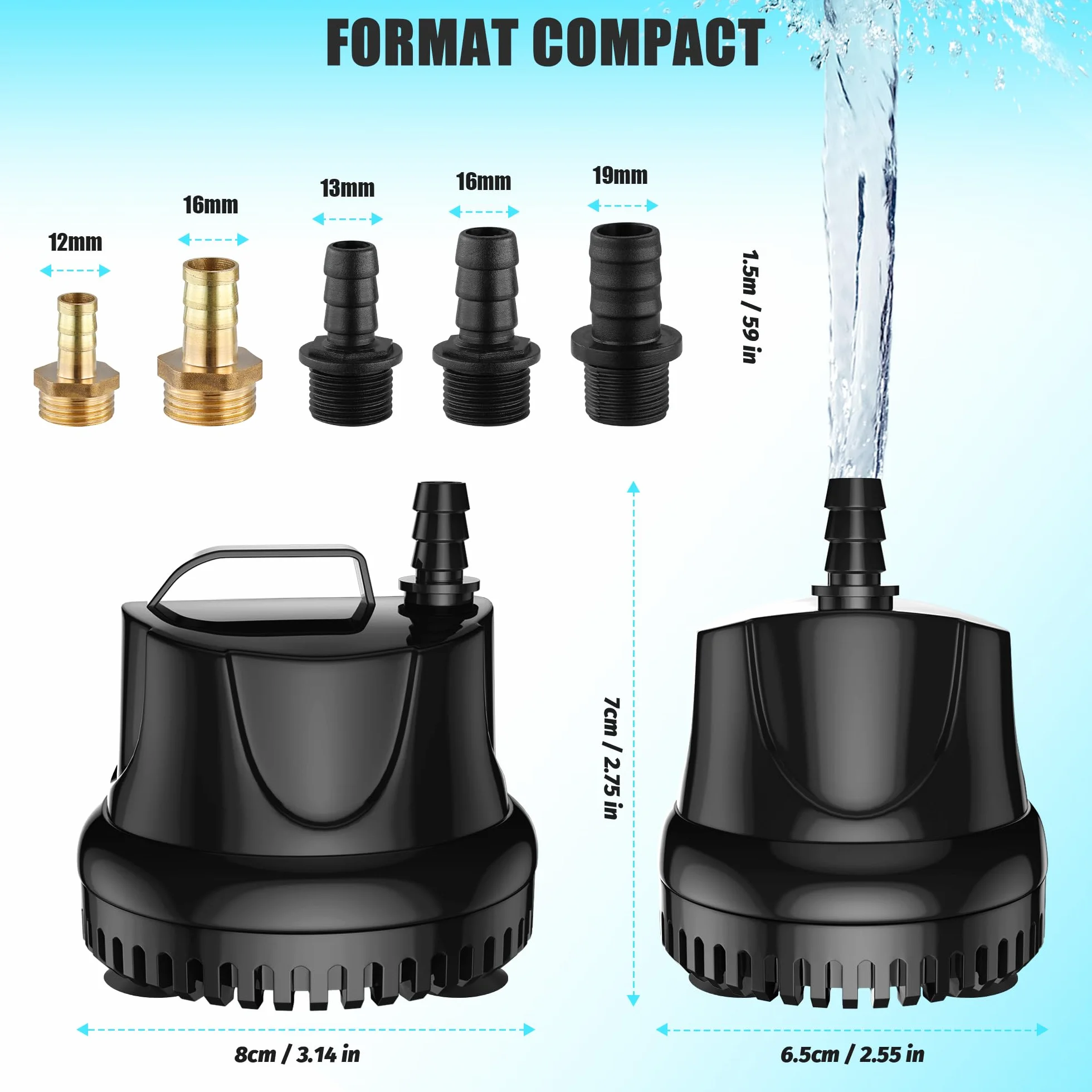 Pompe à Eau Submersible 25W 1500 L/H Ultra Silencieuse pour Bassin Fontaine Jardin avec 5 Buses 1.5M Tuyau