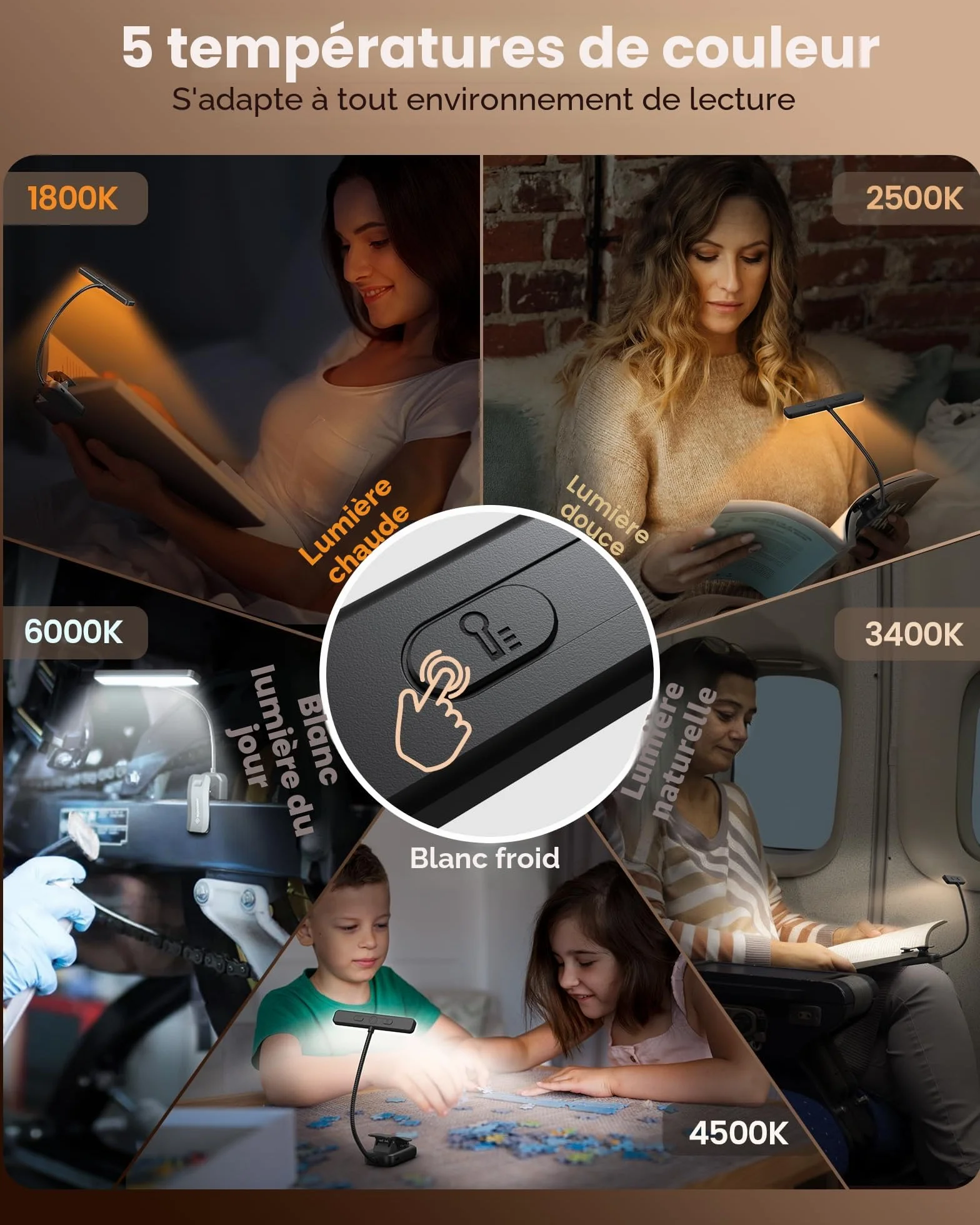 Glocusent Lampe de Lecture 26 LED, Rechargeable USB-C, 5 Luminosités & 5 Couleurs, 360° Cou Flexible, Autonomie 90h