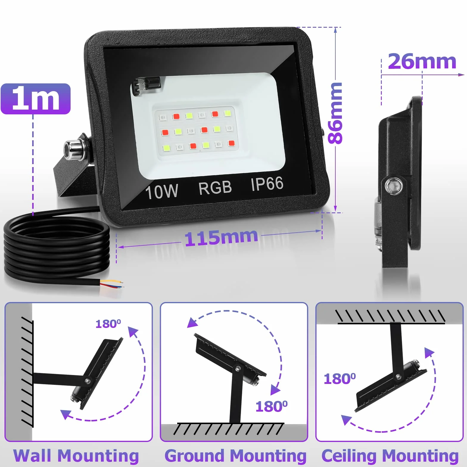 Projecteur LED RGB Extérieur 10W 8pack IP66 Étanche avec Télécommande 16 Couleurs 4 Modes Fonction Mémoire