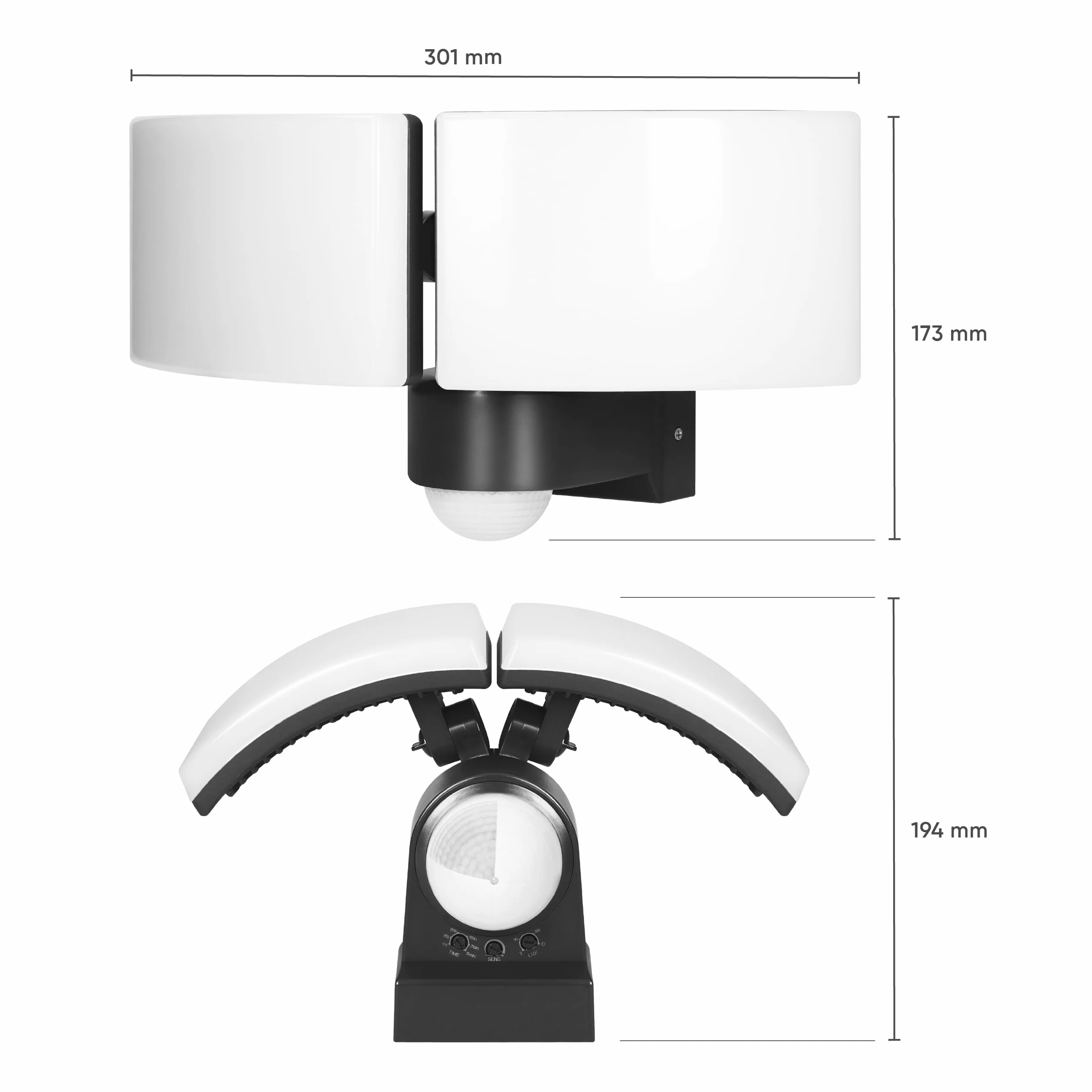 Projecteur LED Extérieur Double 2x20W 2x1600lm Blanc Chaud 3000K IP65 IK10 avec Détecteur de Mouvement