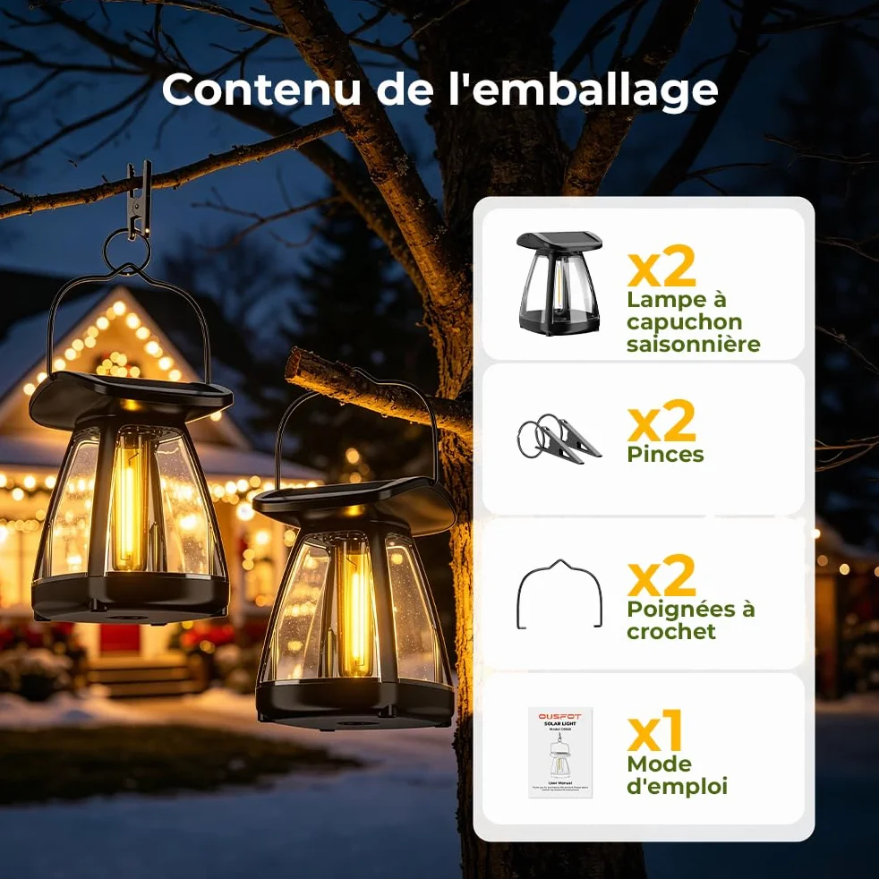 OUSFOT Lanterne Solaire Extérieur IP65 2 Pièces Lampes de Camping pour Jardin Balcon