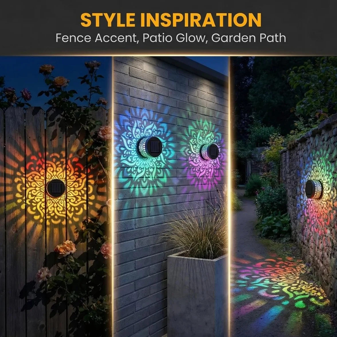 Lumière Mandala Solaire Extérieur 4 Pack, Lampe de Projection Décorative Métal Étanche, 7 Couleurs Changeantes