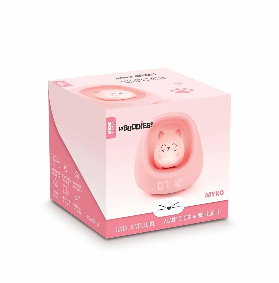 Nestkidscat Bigben Veilleuse Réveil Enfant Chat Lumineux Musical Sons Apaisants Bruits Blancs Lumière Réglable Toucher Minuterie Batterie Rechargeable USB-C