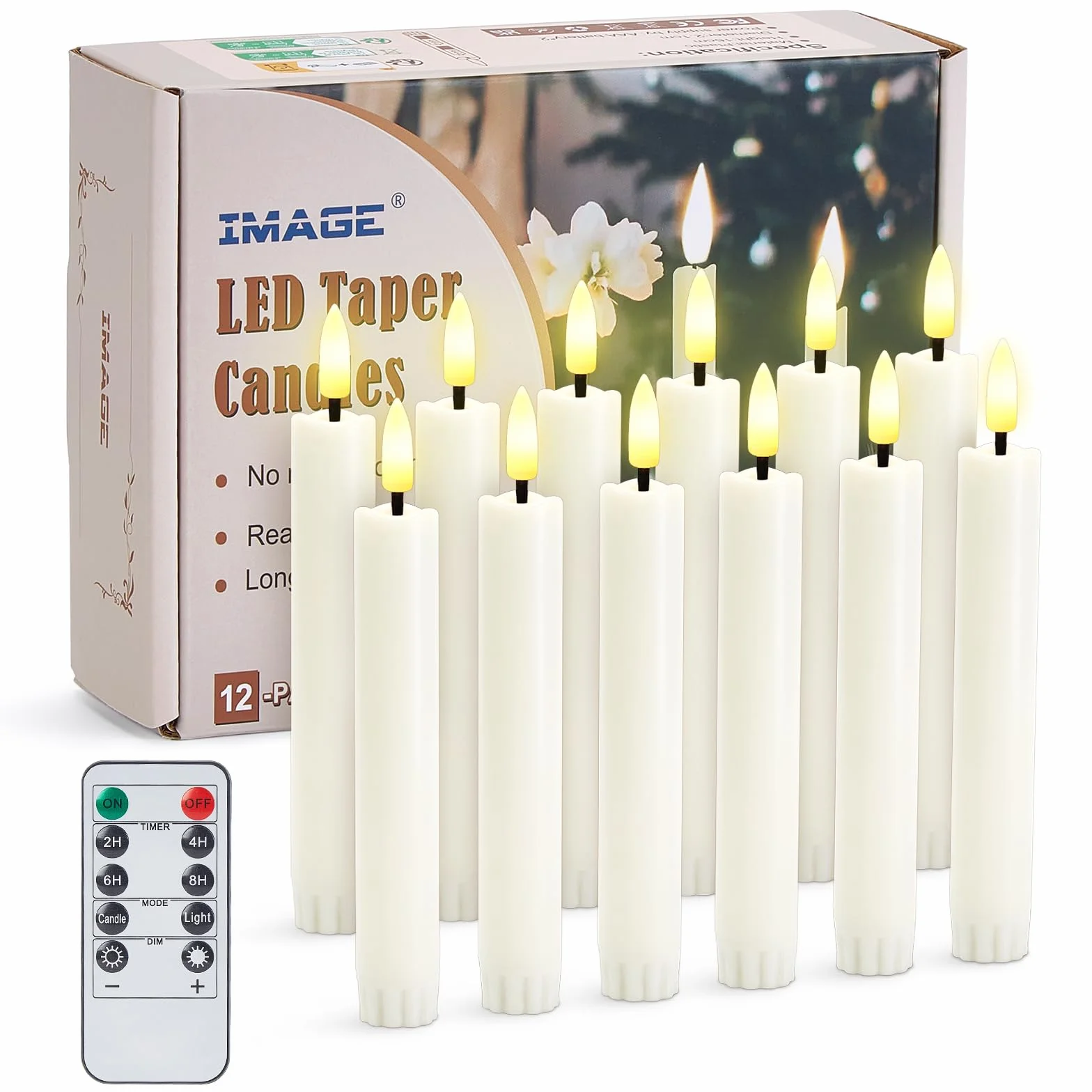 Lot de 12 bougies coniques à piles avec mèche 3D ivoire, télécommande 10 boutons et minuterie - Bougies sans flamme vacillantes blanc chaud