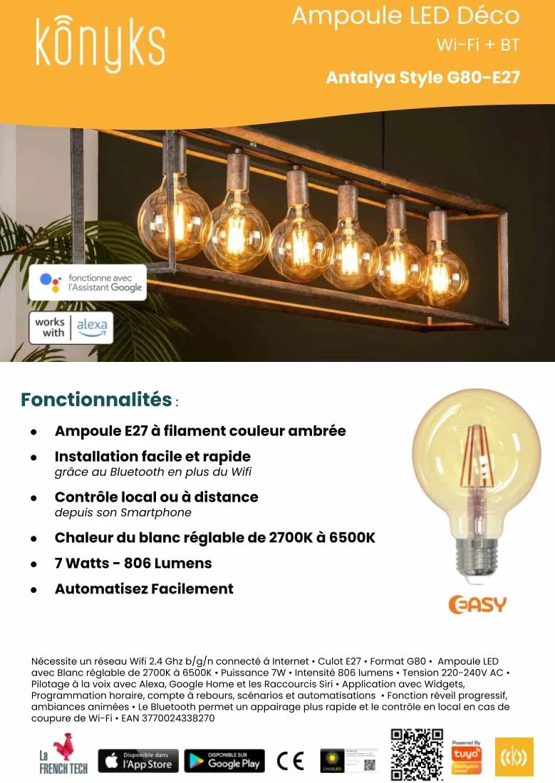 Konyks Ampoule connectée Antalya Style G80 E27 Ambrée Blanc réglable Wi-Fi Bluetooth 7W