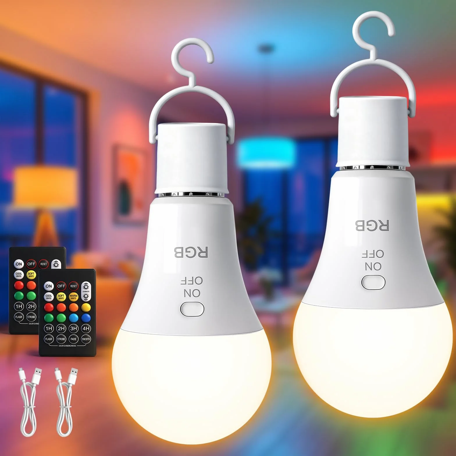 Ampoule Rechargeable E27 RGB avec Télécommande, Dimmable USB 7W, Lot de 2