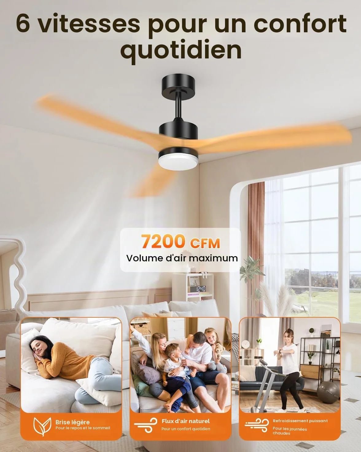 Airwit 152cm Ventilateur Plafond Grand Pales Bois Massif LED Réglable Télécommande Moteur DC Silencieux Réversible