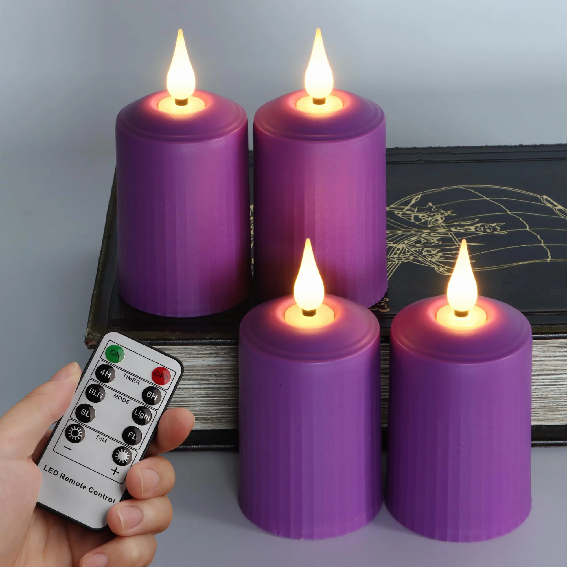 FREEPOWER Lot de 4 bougies LED violettes vacillantes avec télécommande et minuteur pour extérieur, alimentées par piles