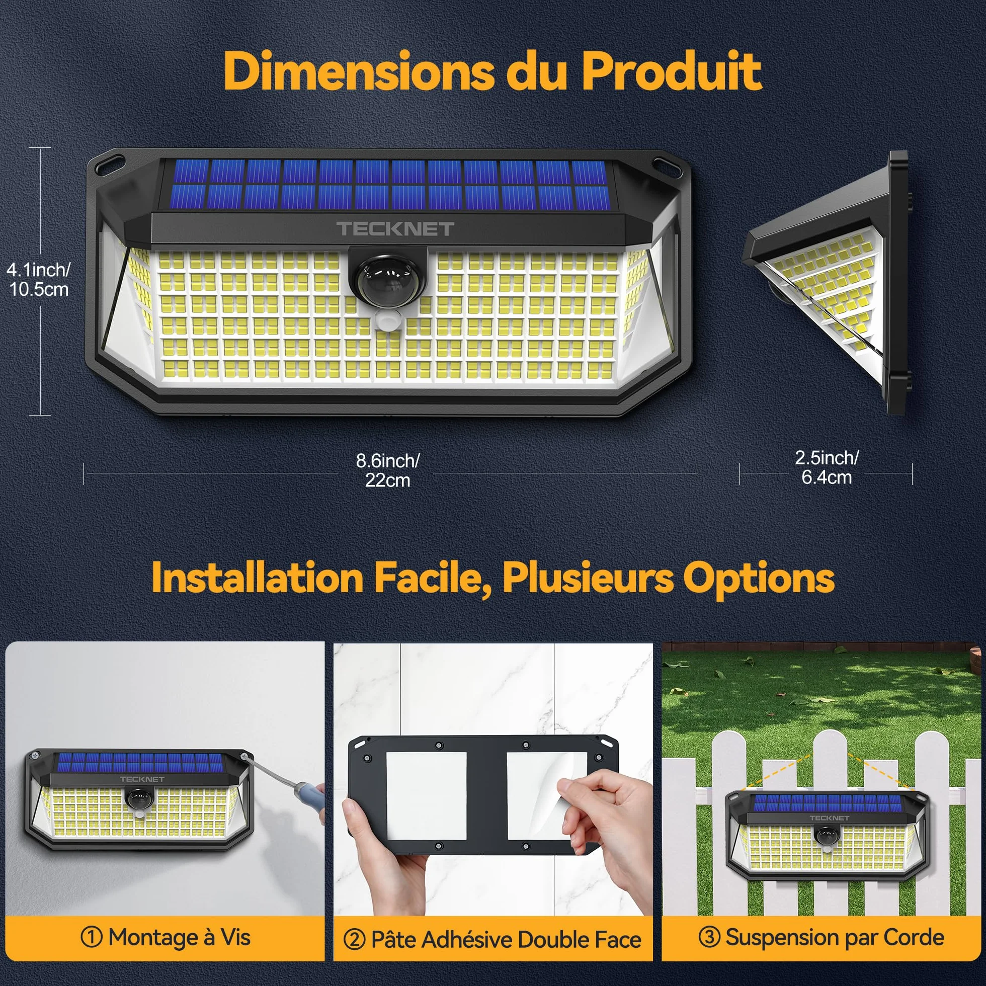 TECKNET Lampe Solaire Extérieur 4200LM 416 LEDs 300° 3 Modes Détecteur de Mouvement IP66