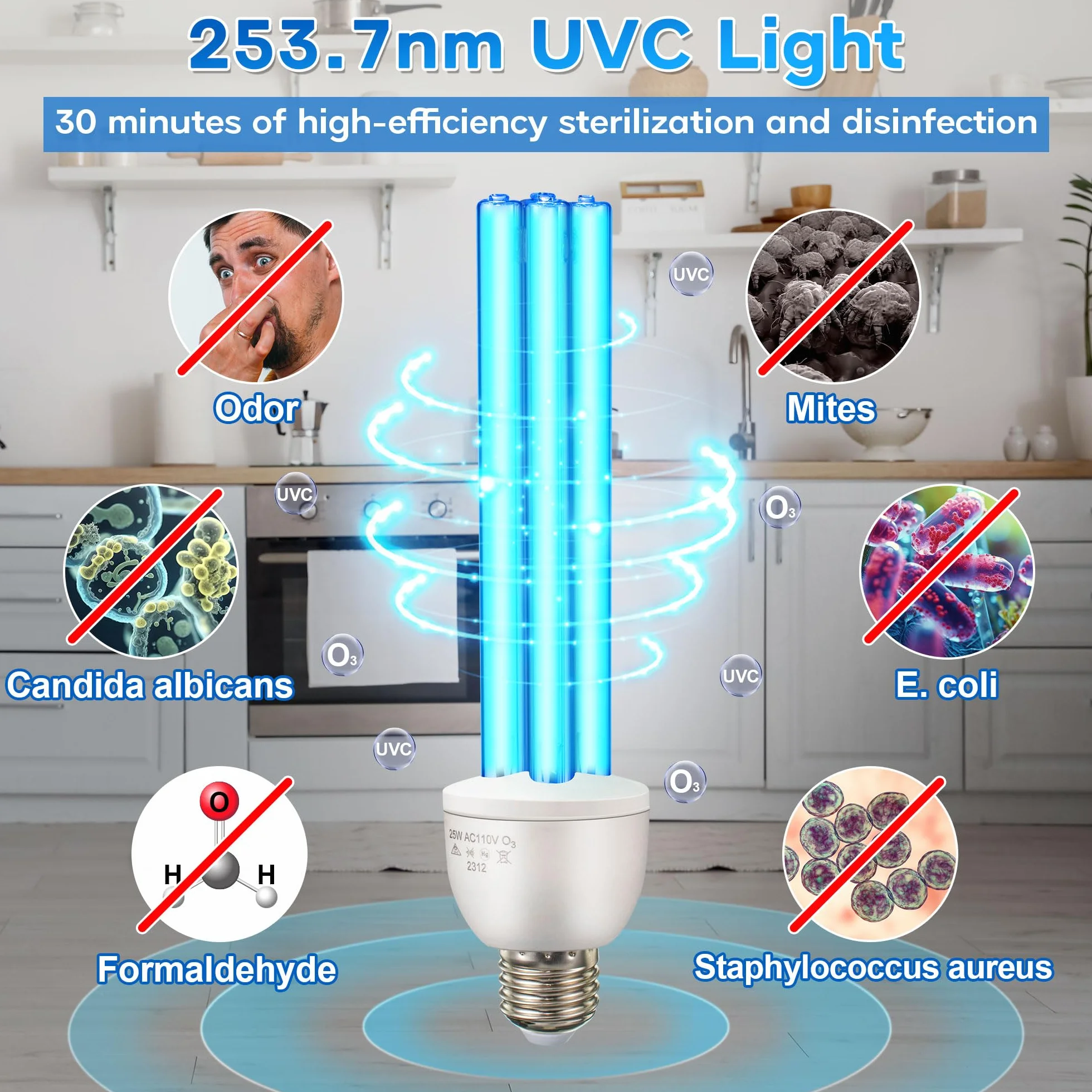 Lampe Germicide UVC 254nm 25W Enhon Ampoule UV Stérilisation 360° 500 Pi² E27 Ozone