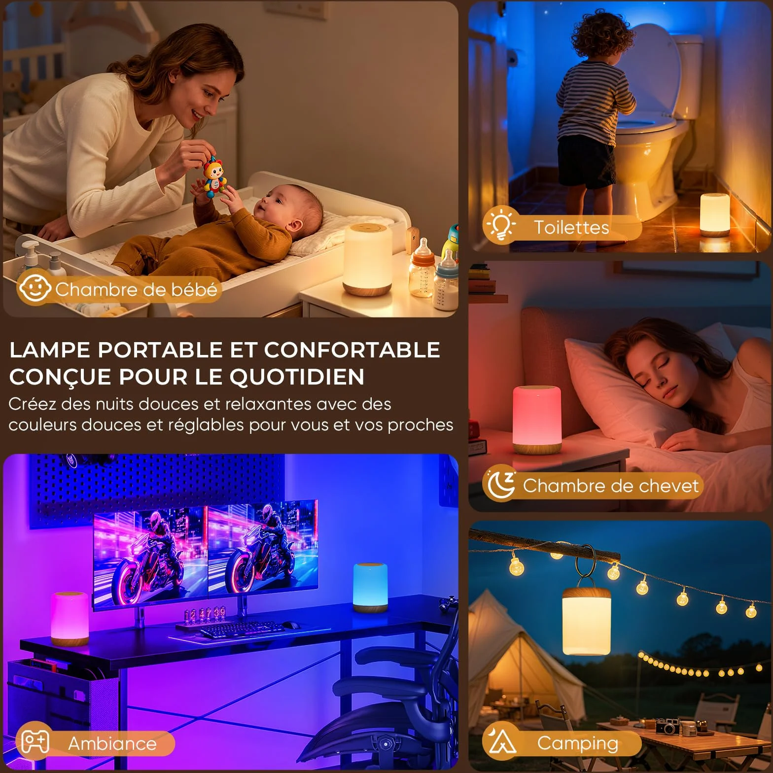 VIWAVE Lampe de Chevet Tactile, Veilleuse Bébé 256 Couleurs RVB 3 Modes Minuteur, Lampe de Table Rechargeable Sans Fil