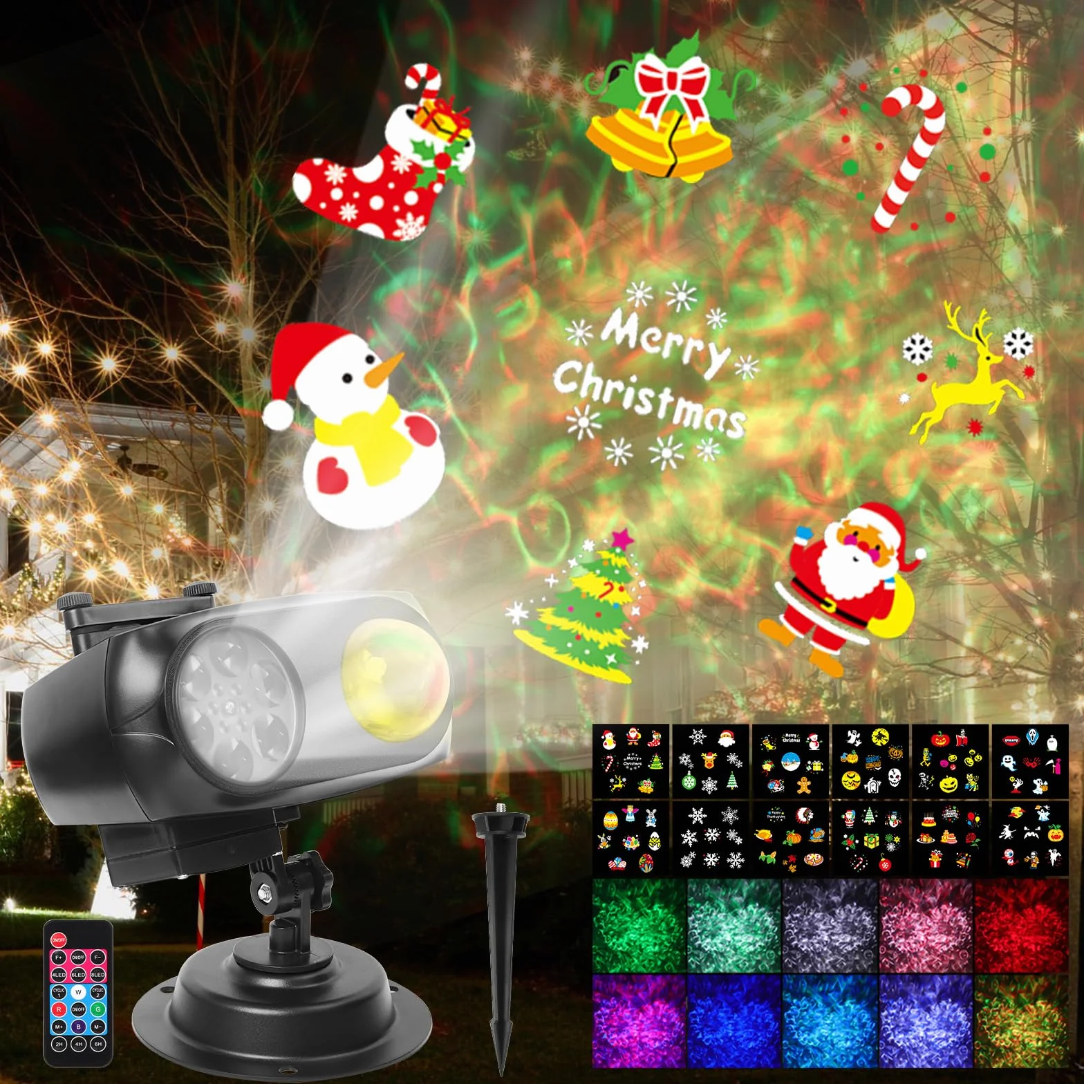 Projecteur Extérieur Intérieur Étanche 12 Diapositives 10 Couleurs Vagues Télécommande Noël Halloween