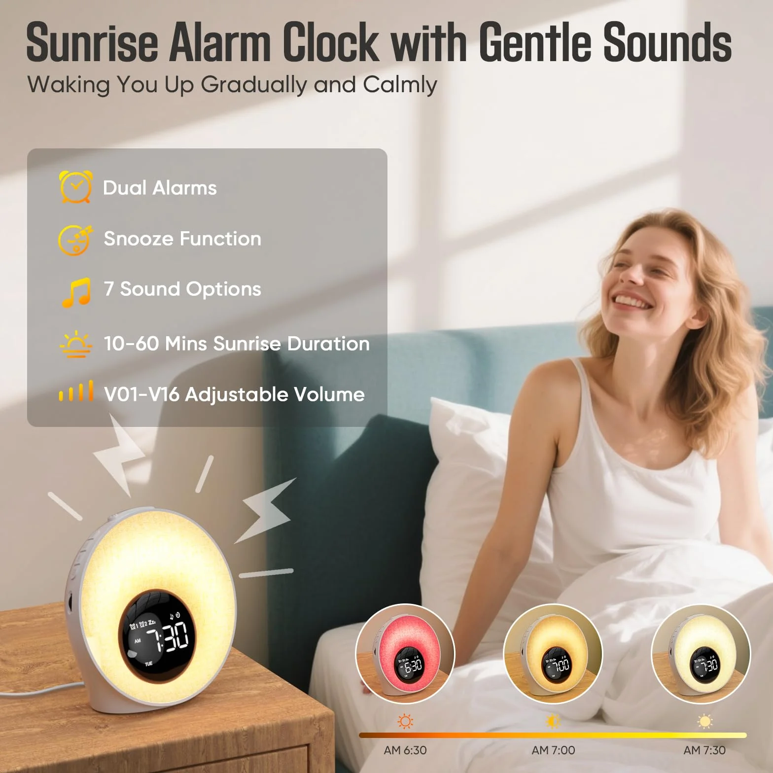 Réveil Lumineux Simulateur d'Aube avec 7 Sonneries, 30 Sons Naturels, 20 Niveaux de Luminosité, 13 Couleurs pour Enfant/Adulte