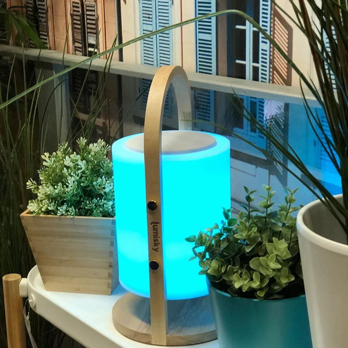 Lumisky Lampe enceinte bluetooth sans fil WOODY PLAY LED blanc/multicolore dimmable H37cm avec télécommande