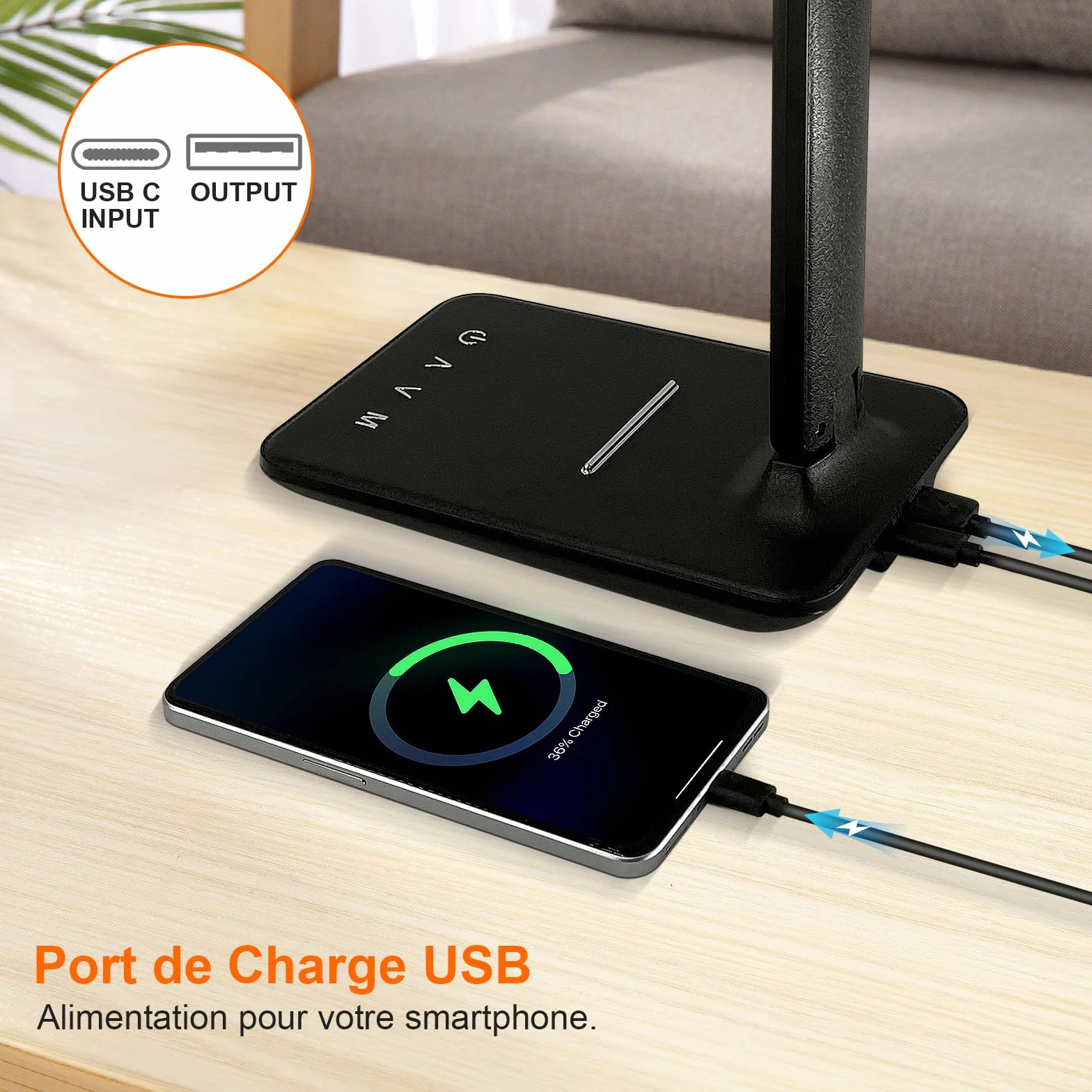 Lampe de Bureau LED Pliable Dimmable 5 Modes de Couleur 5 Niveaux de Luminosité avec Port USB Noir