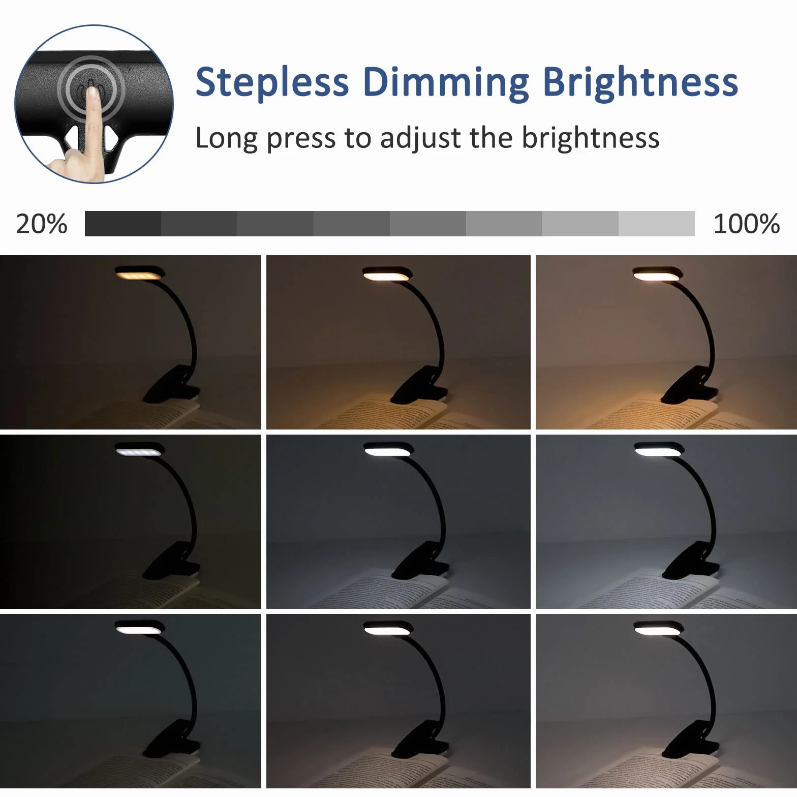 Lampe de Lecture USB Rechargeable, 3 Modes Protection des Yeux, Gradation Progressive, 360° Cou Flexible, Portable, Noir