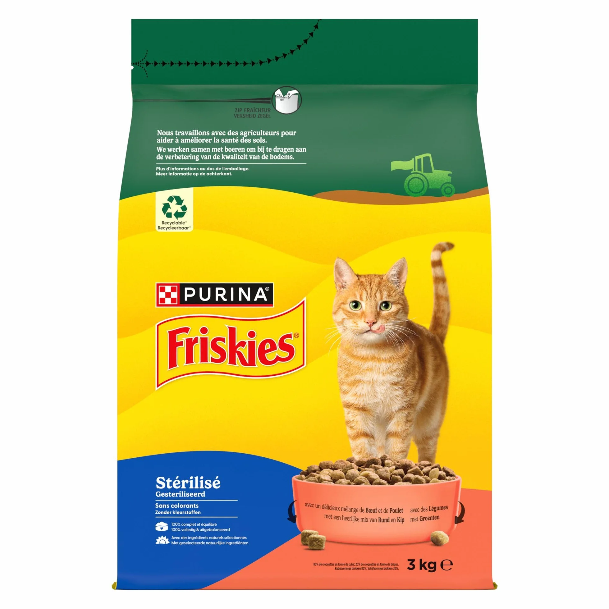 FRISKIES Chat Croquettes complètes pour Chats Adultes stérilisés Au Boeuf, Poulet et Légumes 3 KG