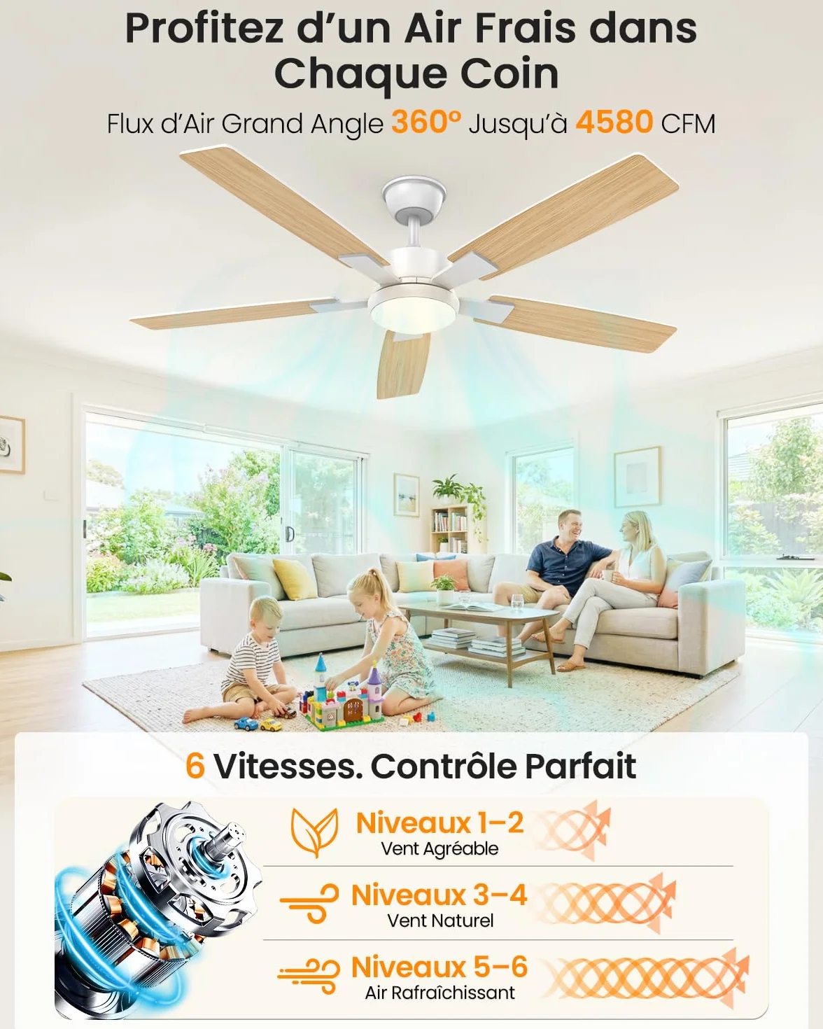 Ventilateur Plafond avec Lumiere 132cm Silencieux Reversible 2 Couleurs Pales LED Telecommande Exterieur