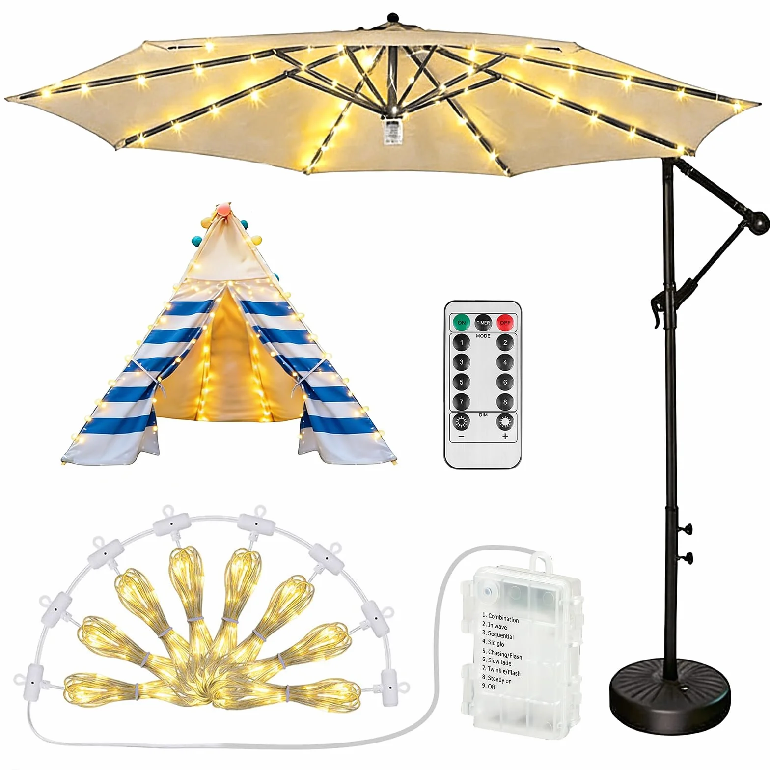 Guirlande Lumineuse LED Parasol Jardin 104 LED USB Alimentation Extérieure